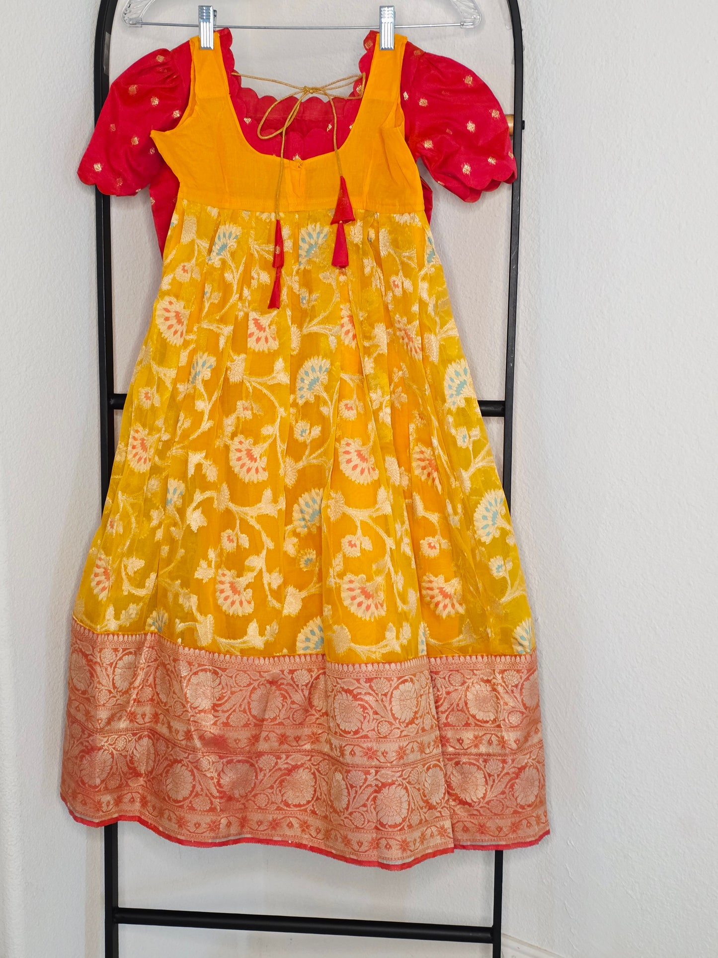 Soft Meenakari Design Organza Lehenga Set for Girls (5–6 Years) with Puff Sleeve Blouse