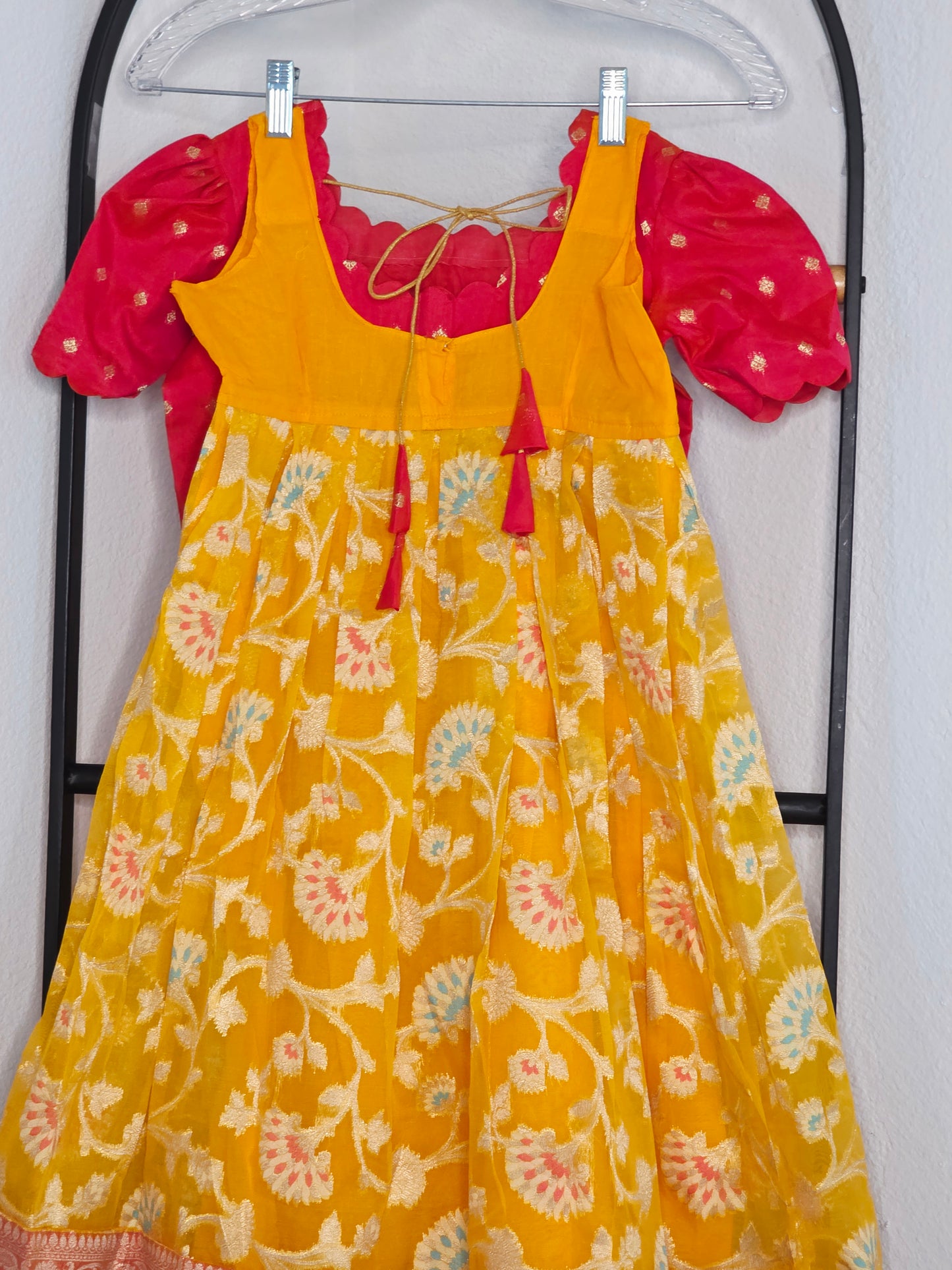 Soft Meenakari Design Organza Lehenga Set for Girls (5–6 Years) with Puff Sleeve Blouse