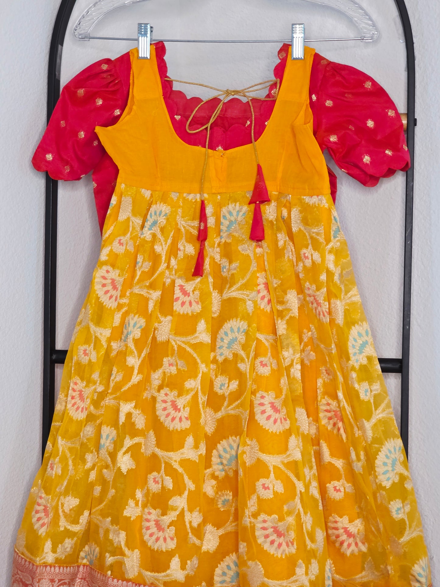 Soft Meenakari Design Organza Lehenga Set for Girls (5–6 Years) with Puff Sleeve Blouse