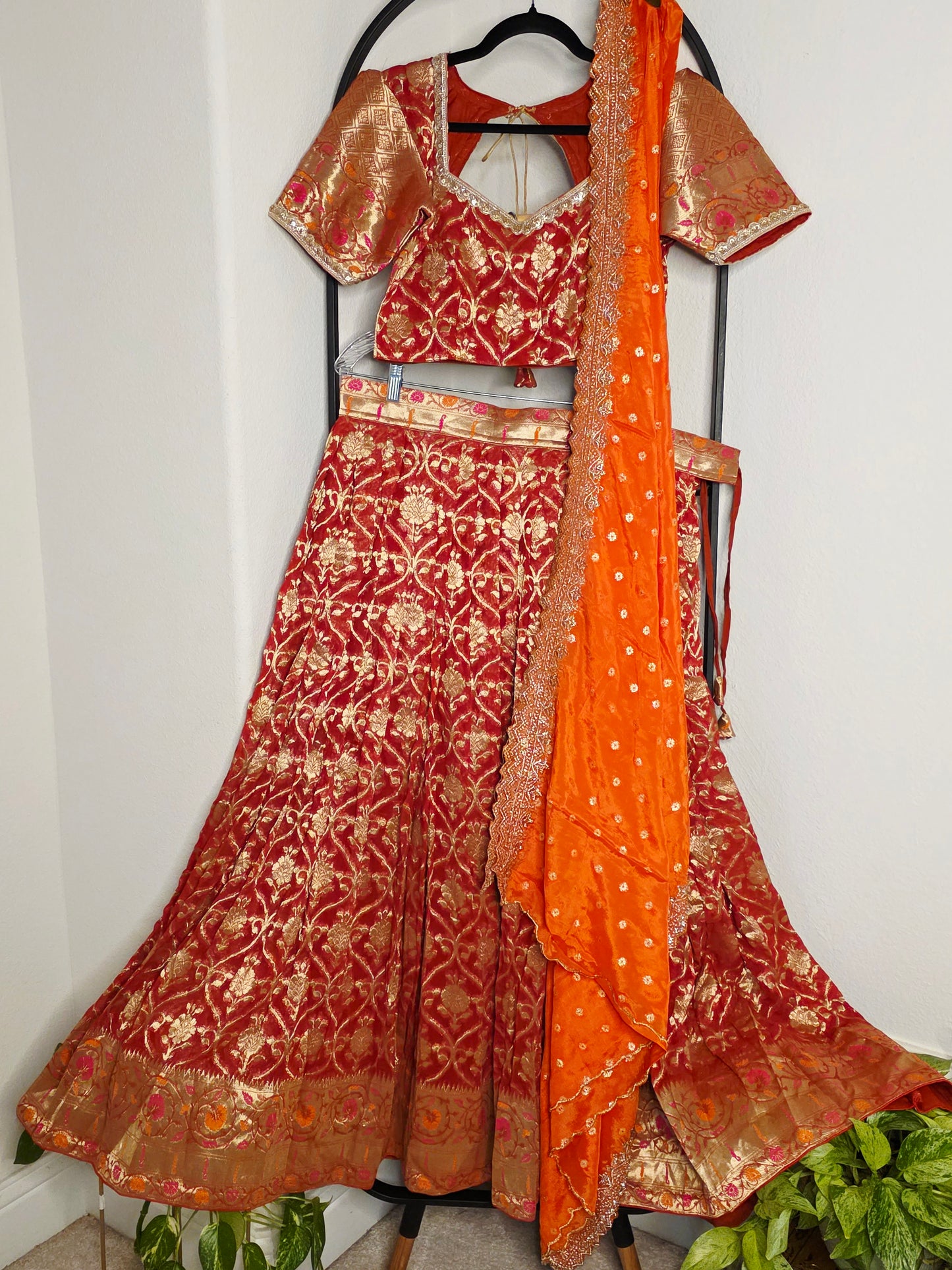 Georgette Half Saree Set in Maroon & Orange with Zari Work