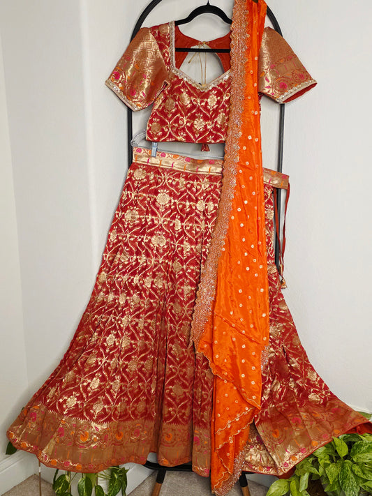 Georgette Half Saree Set in Maroon & Orange with Zari Work