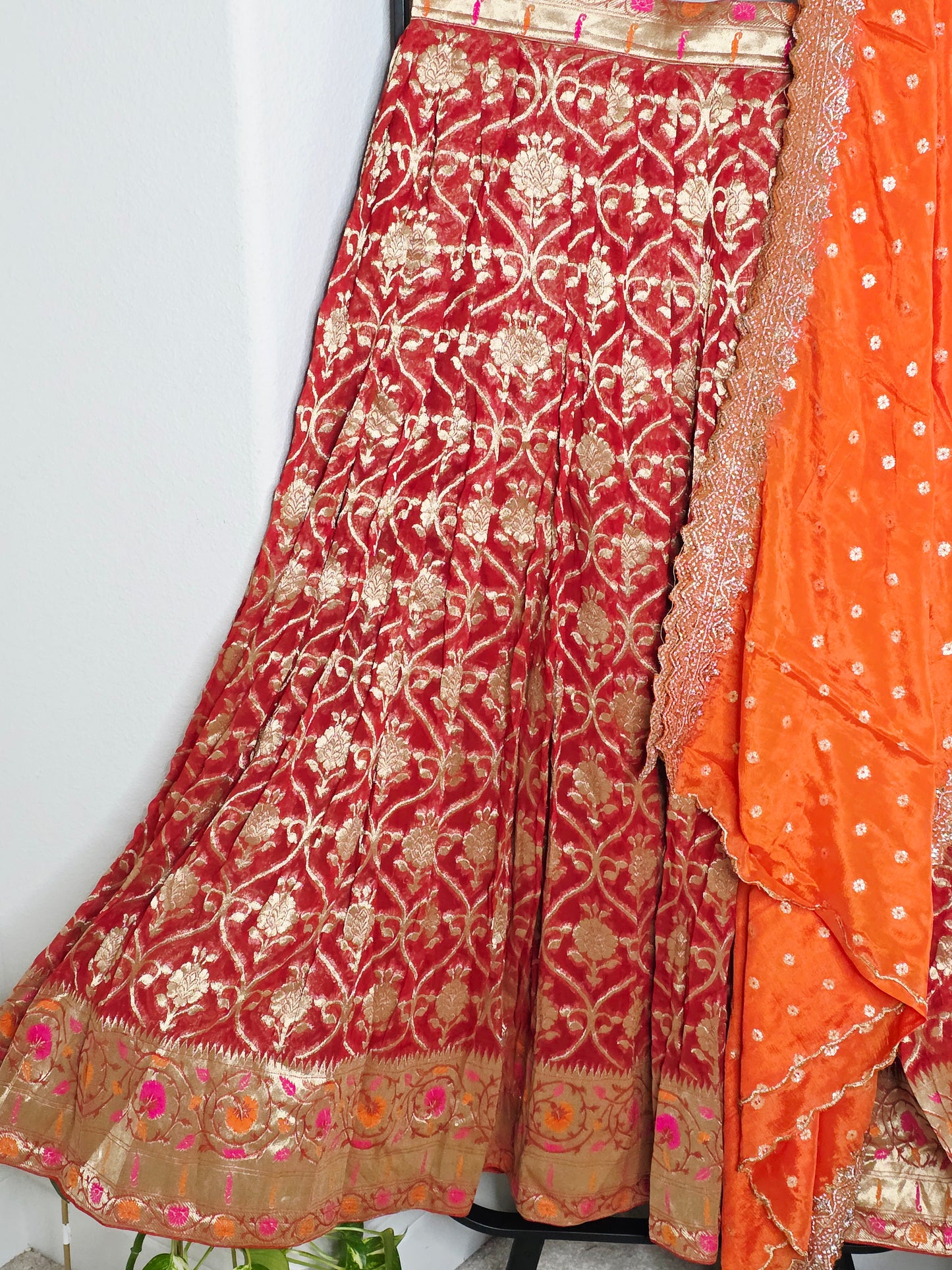 Georgette Half Saree Set in Maroon & Orange with Zari Work