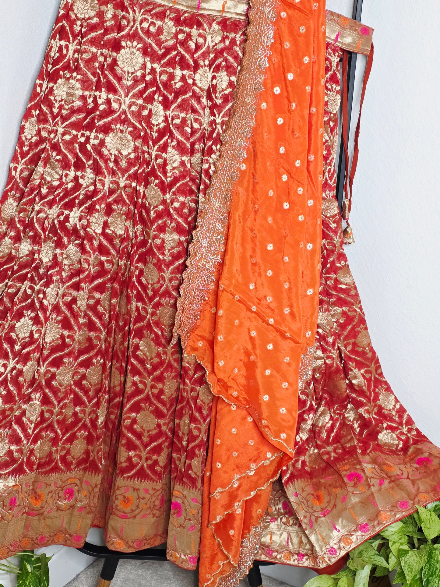 Georgette Half Saree Set in Maroon & Orange with Zari Work