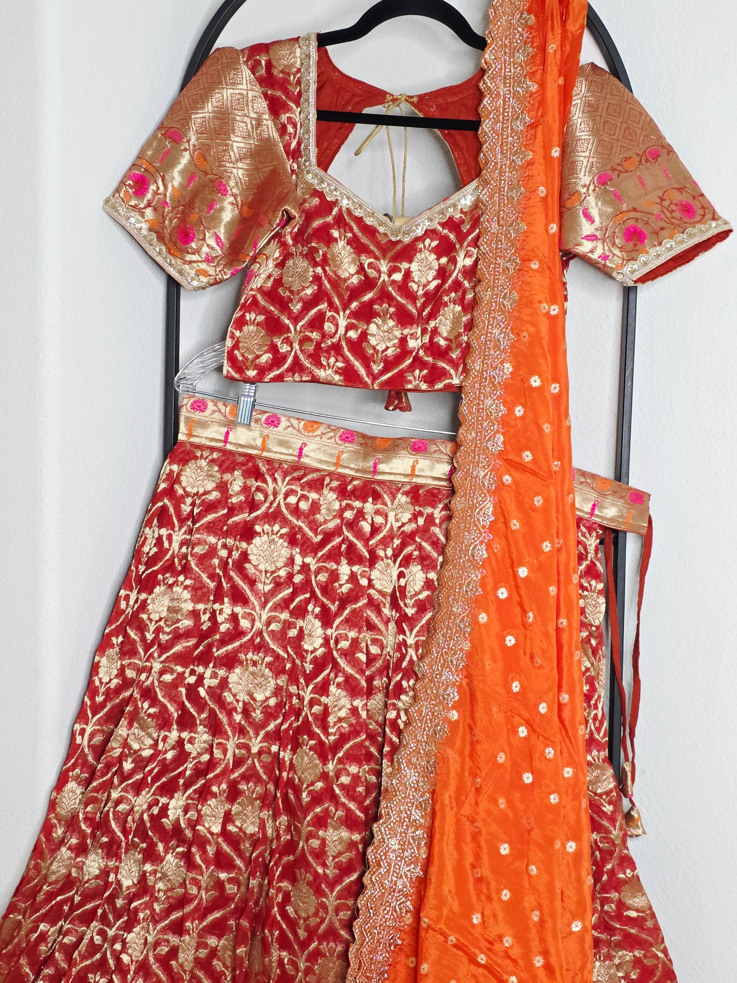 Georgette Half Saree Set in Maroon & Orange with Zari Work