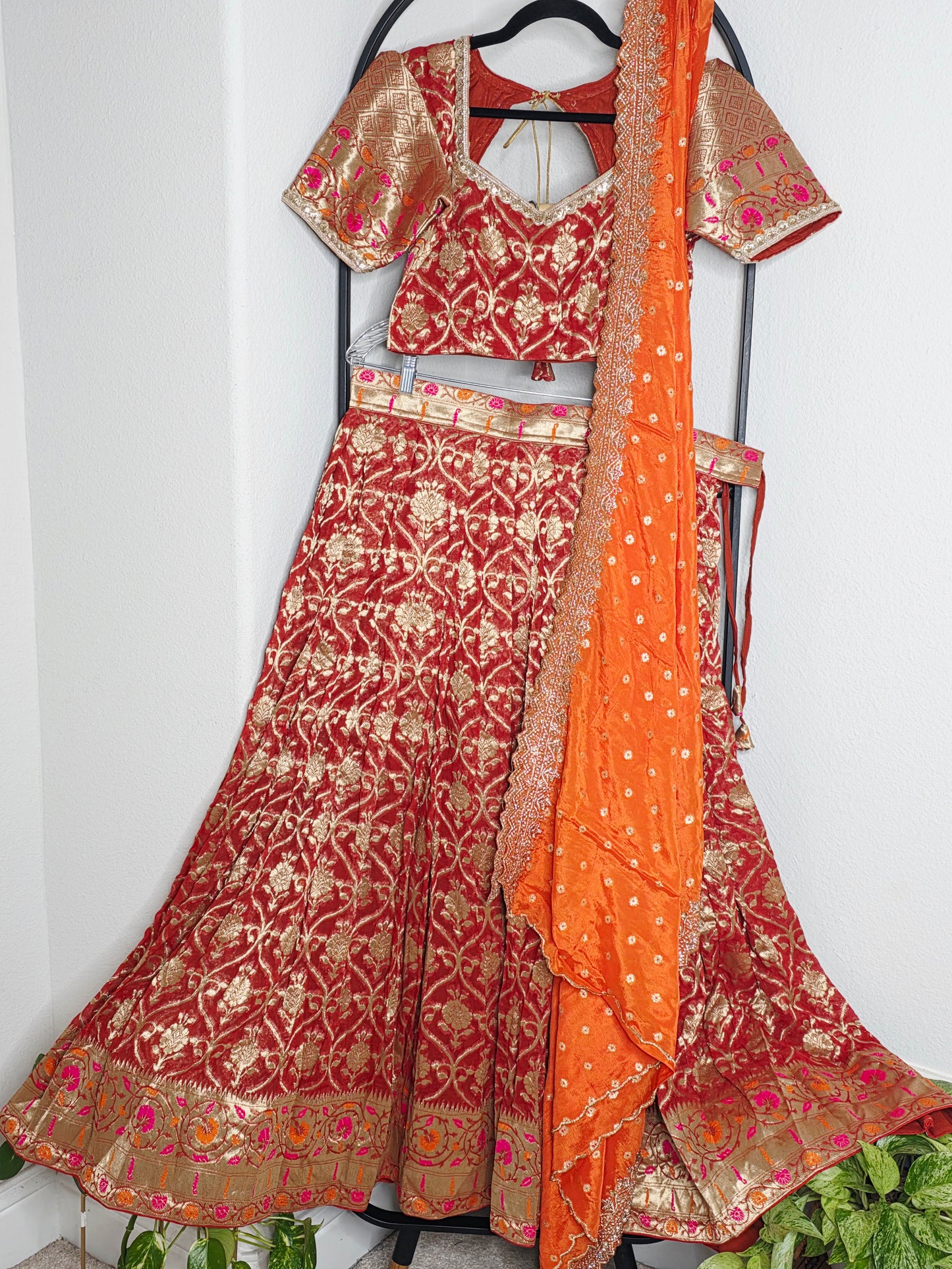 Georgette Half Saree Set in Maroon & Orange with Zari Work