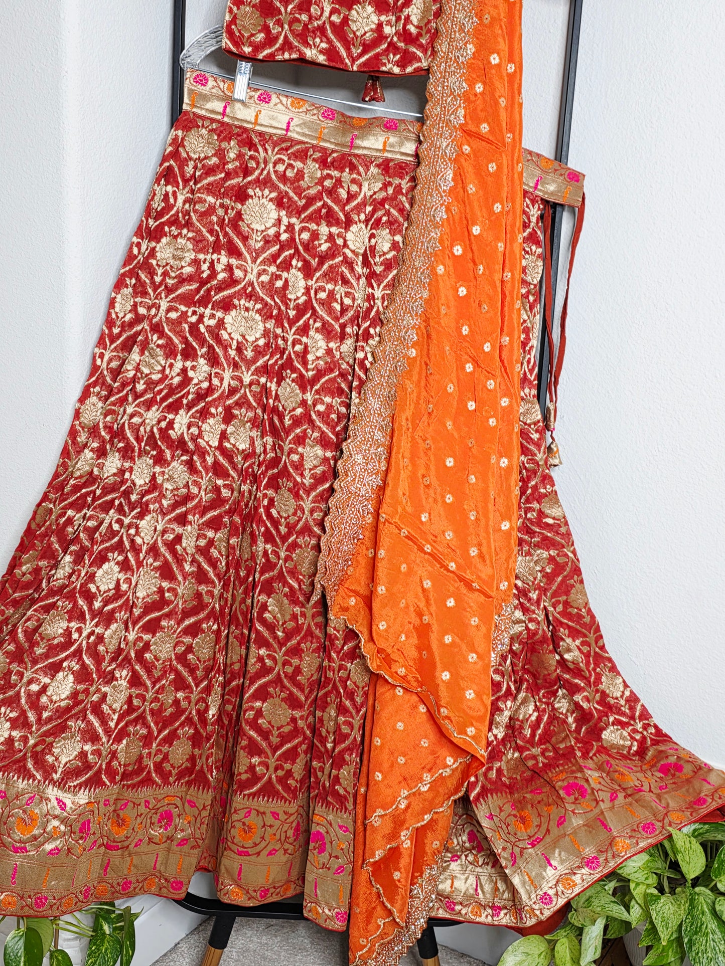 Georgette Half Saree Set in Maroon & Orange with Zari Work