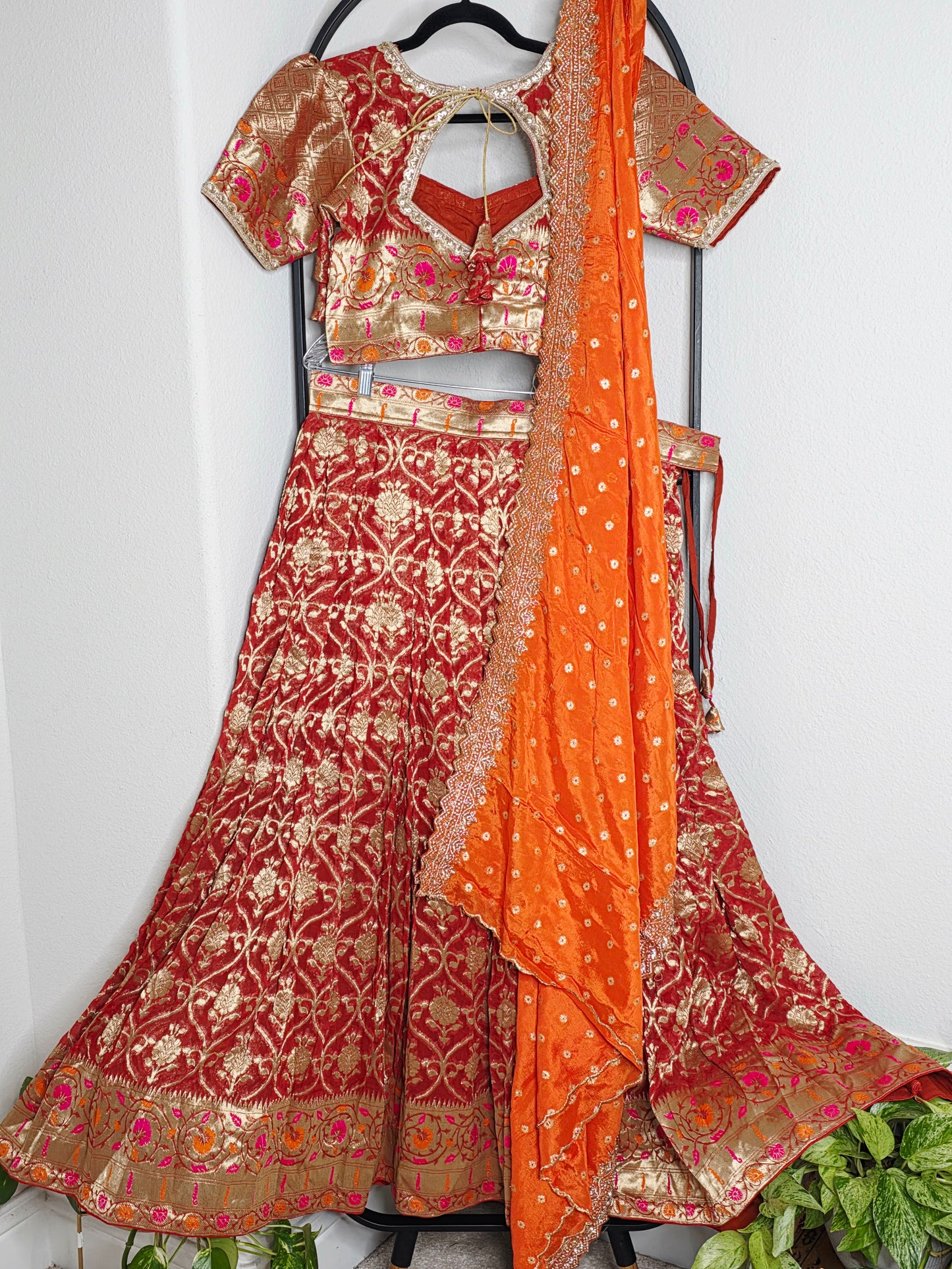 Georgette Half Saree Set in Maroon & Orange with Zari Work