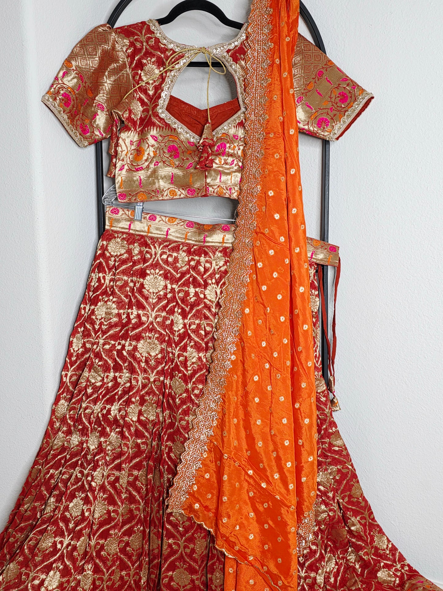 Georgette Half Saree Set in Maroon & Orange with Zari Work