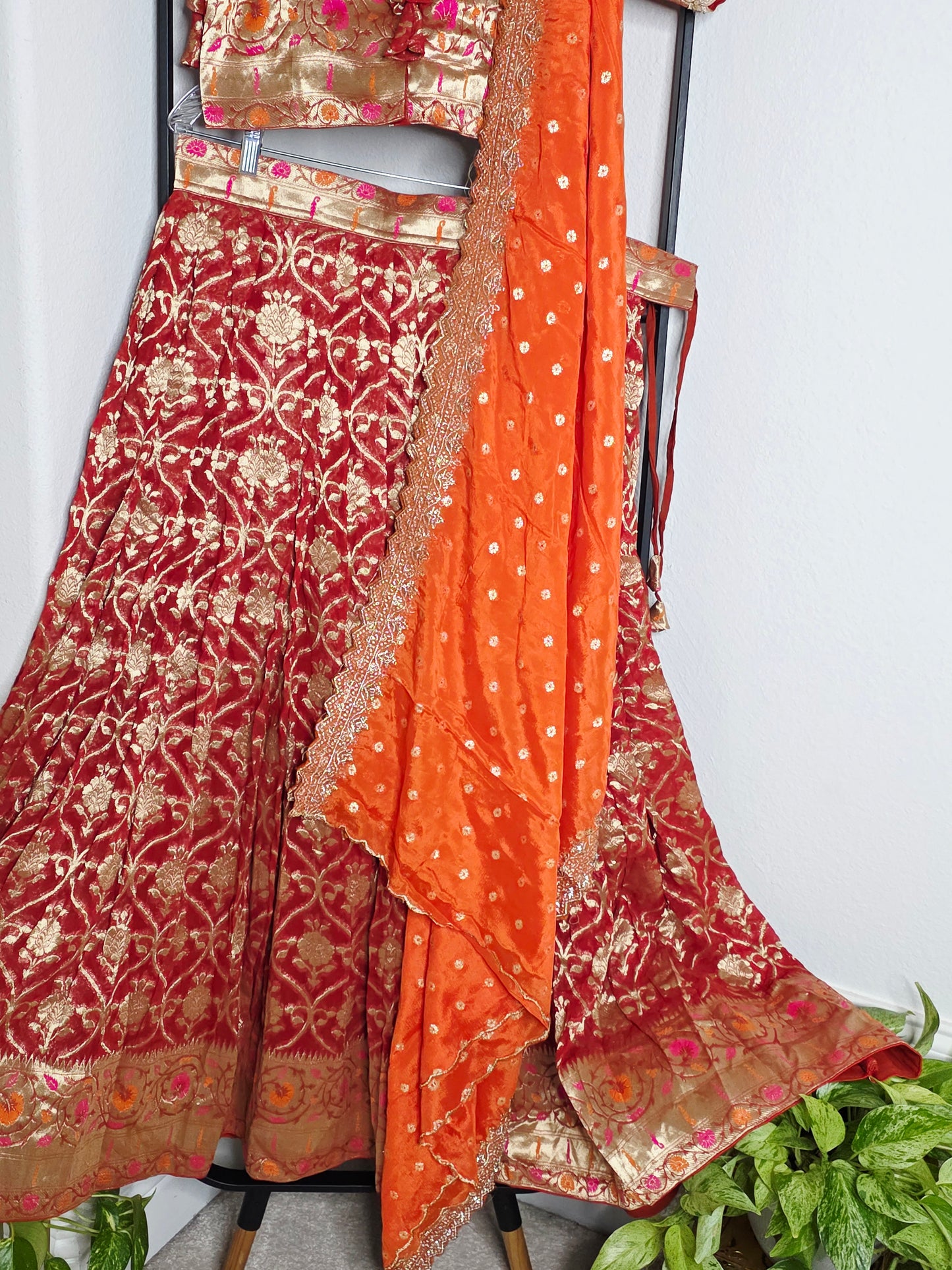 Georgette Half Saree Set in Maroon & Orange with Zari Work