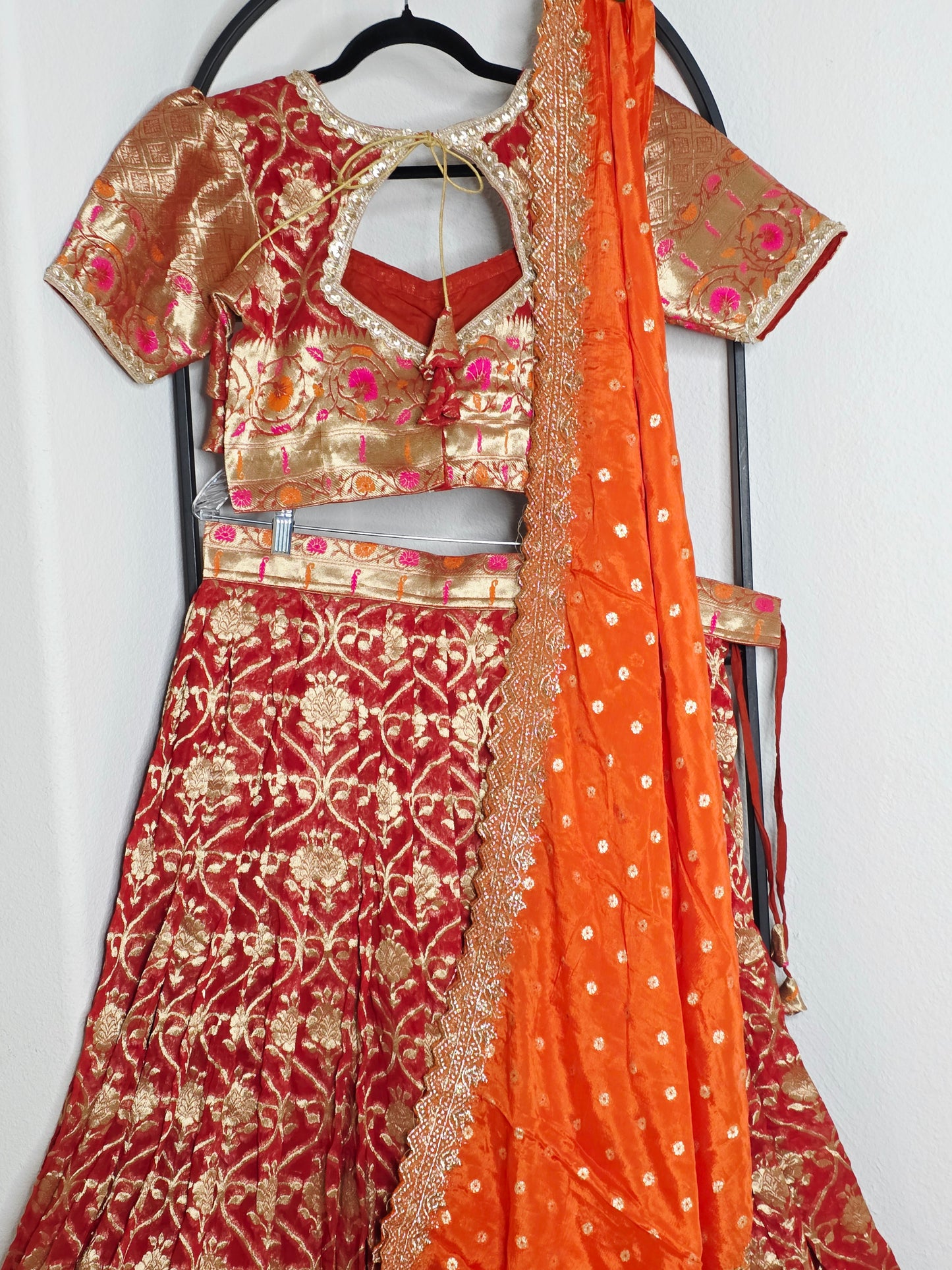 Georgette Half Saree Set in Maroon & Orange with Zari Work