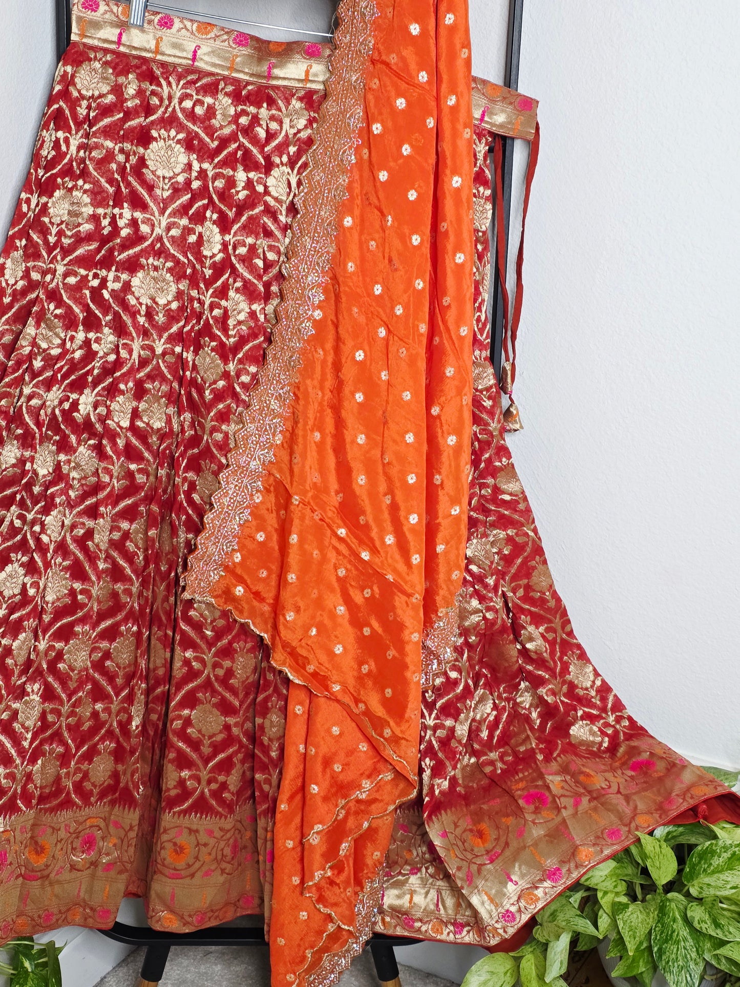 Georgette Half Saree Set in Maroon & Orange with Zari Work
