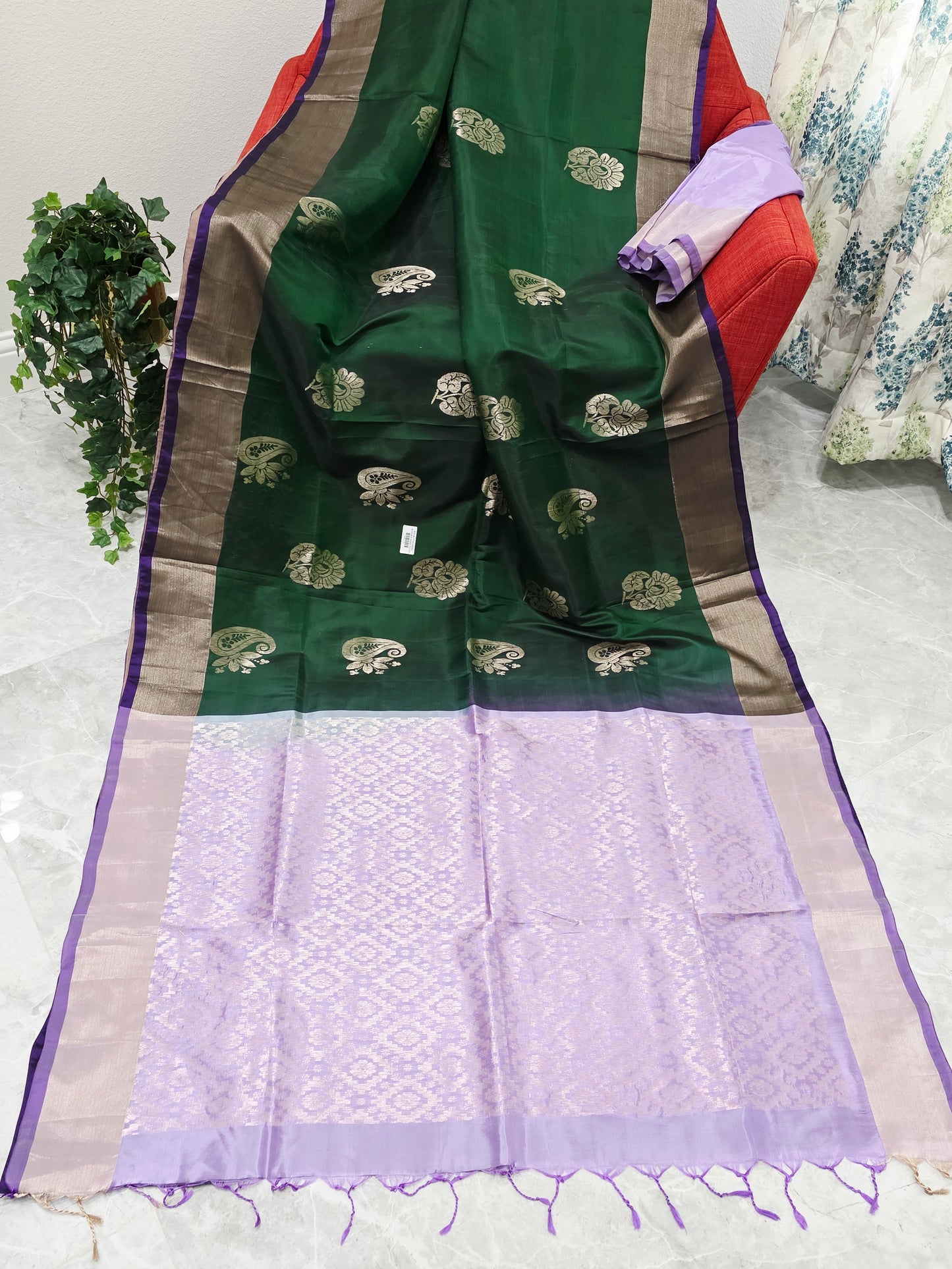 Dark Green Semi Kanchi Soft Silk Saree with Lavender Zari Border