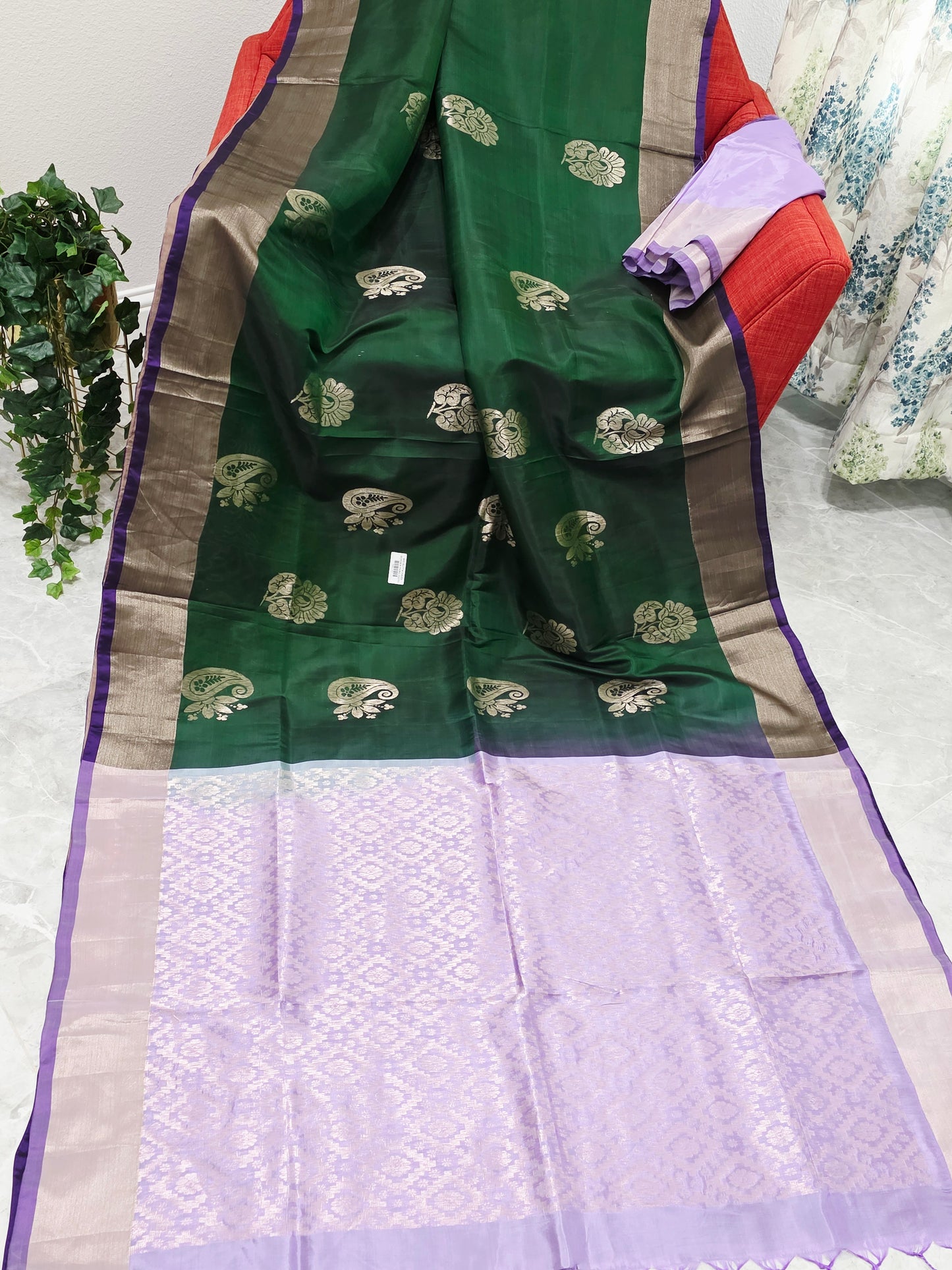 Dark Green Semi Kanchi Soft Silk Saree with Lavender Zari Pallu