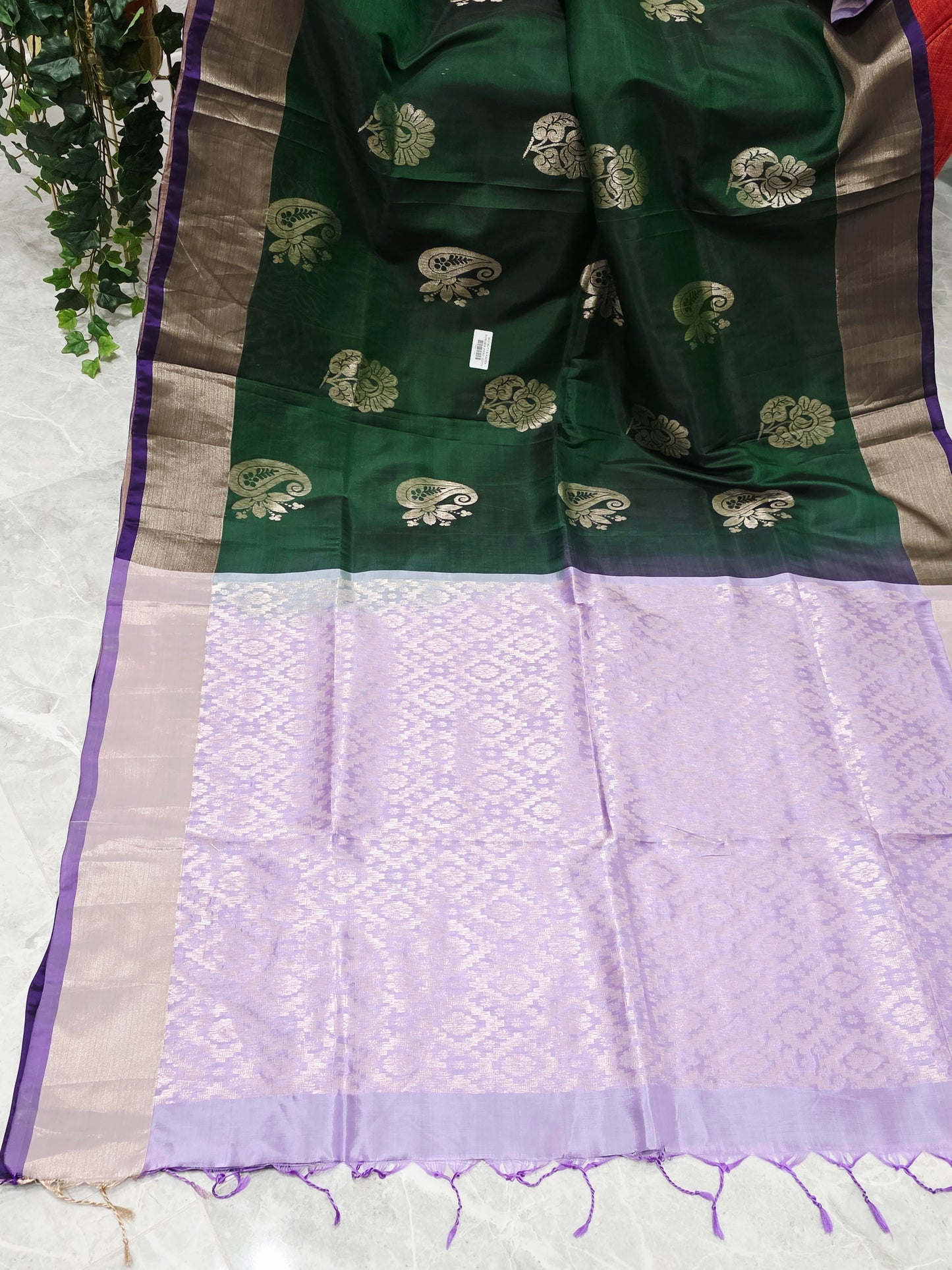 Dark Green Semi Kanchi Soft Silk Saree with Lavender Zari Pallu