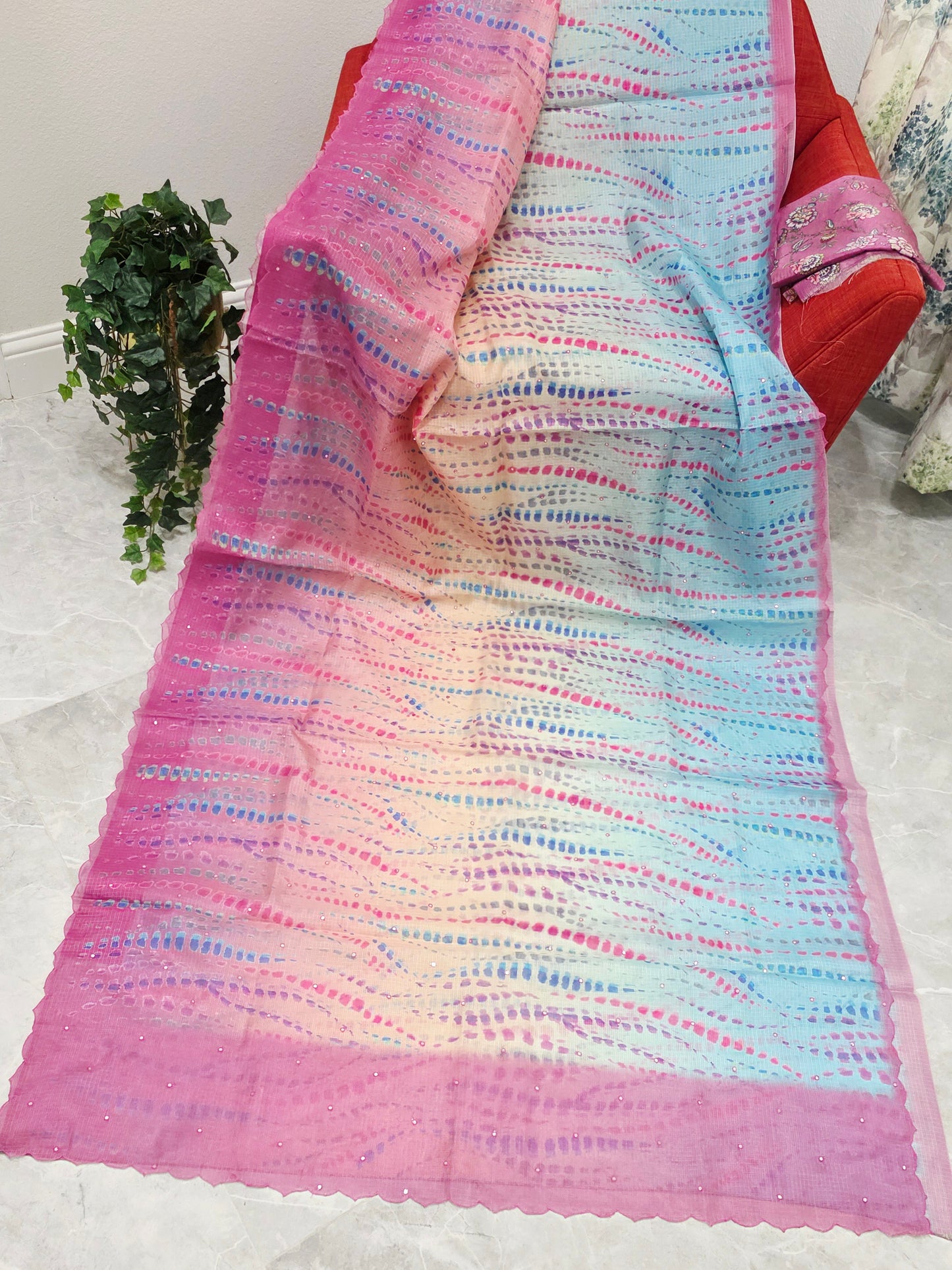 Soft Pastel Shades Tie-Dye Print Semi Kota Silk Saree with Scalloped Border