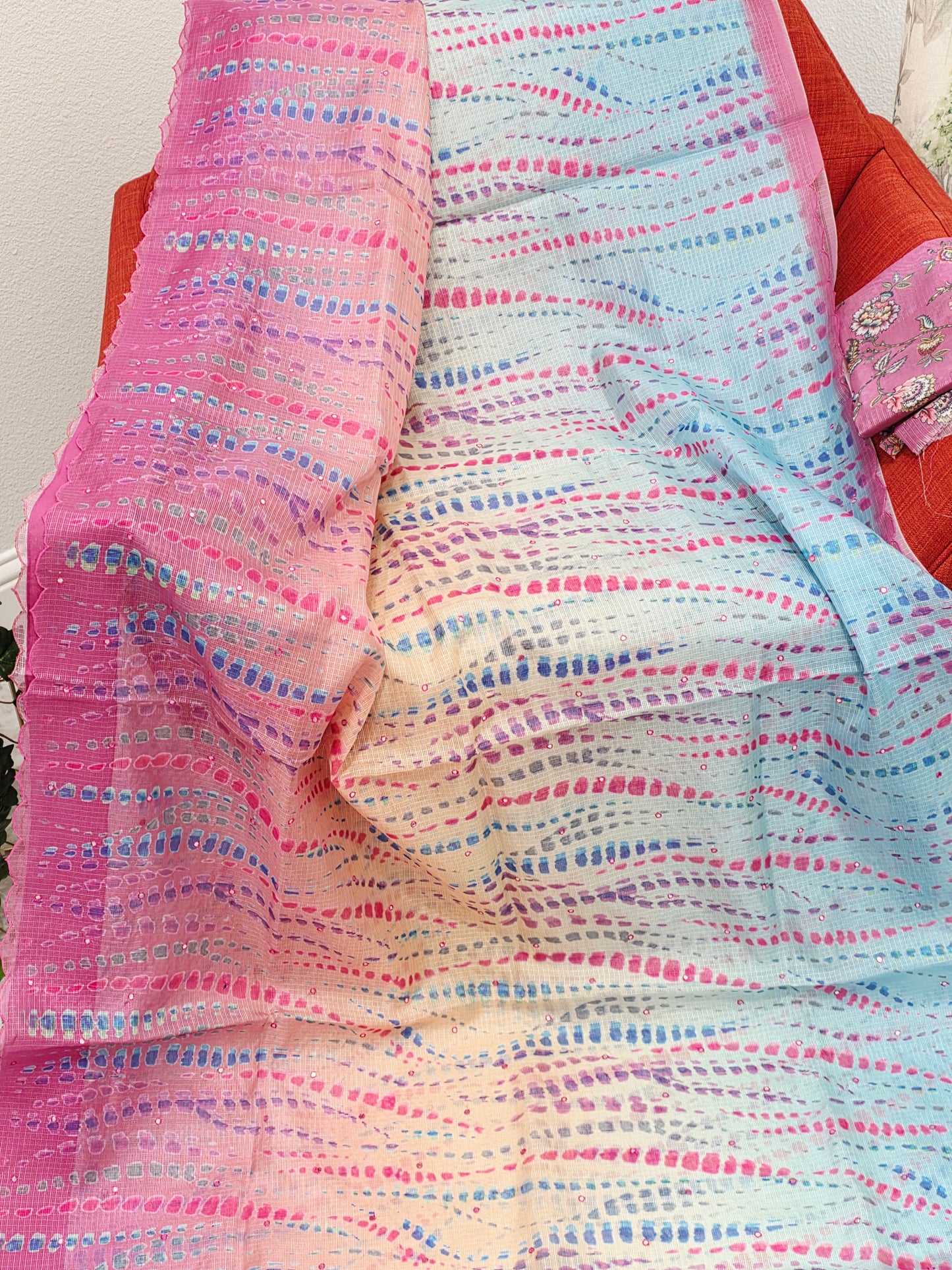 Soft Pastel Shades Tie-Dye Print Semi Kota Silk Saree with Scalloped Border