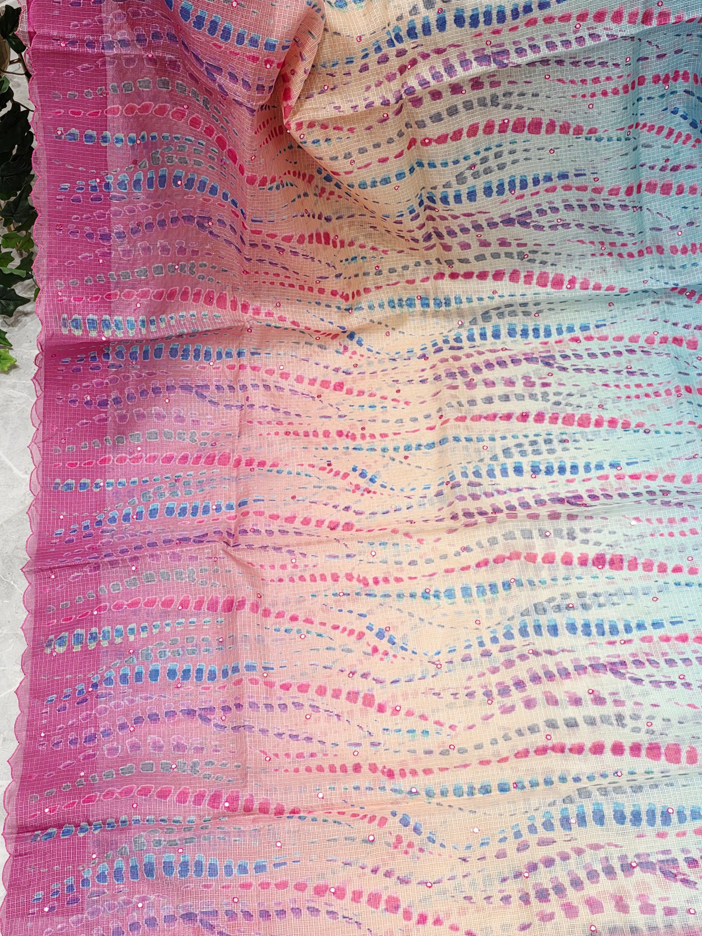 Soft Pastel Shades Tie-Dye Print Semi Kota Silk Saree with Scalloped Border