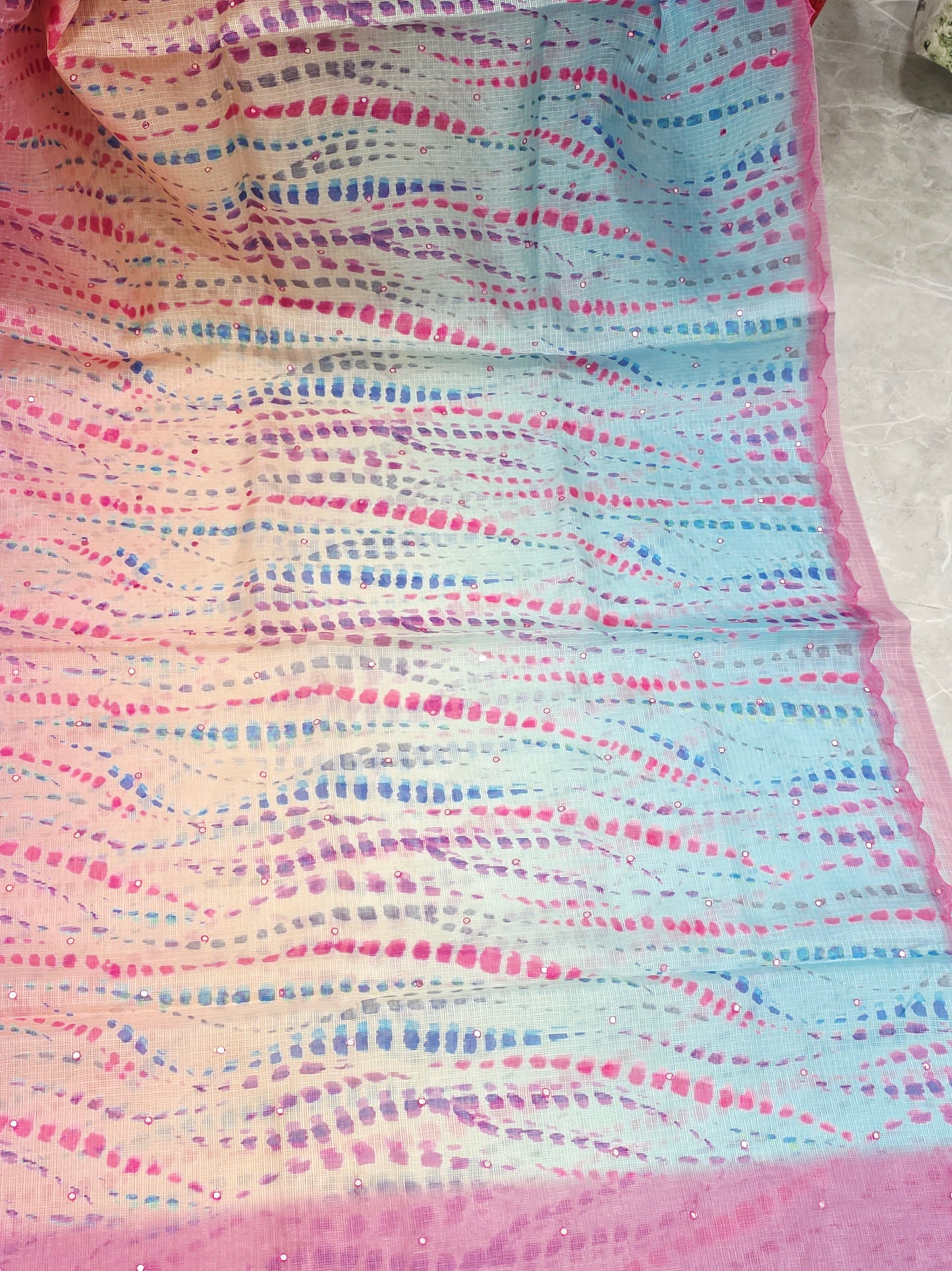 Soft Pastel Shades Tie-Dye Print Semi Kota Silk Saree with Scalloped Border