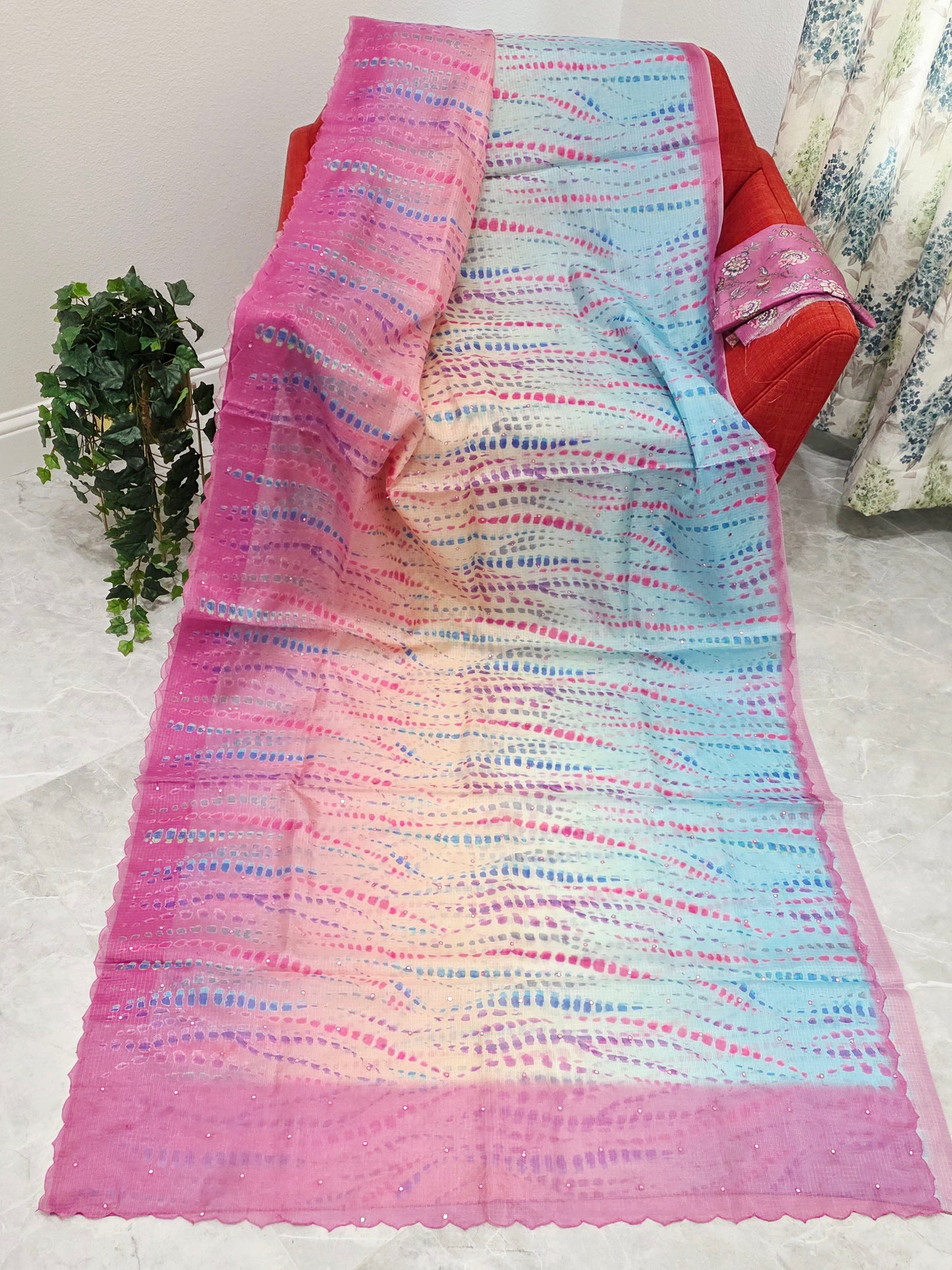 Soft Pastel Shades Tie-Dye Print Semi Kota Silk Saree with Scalloped Border