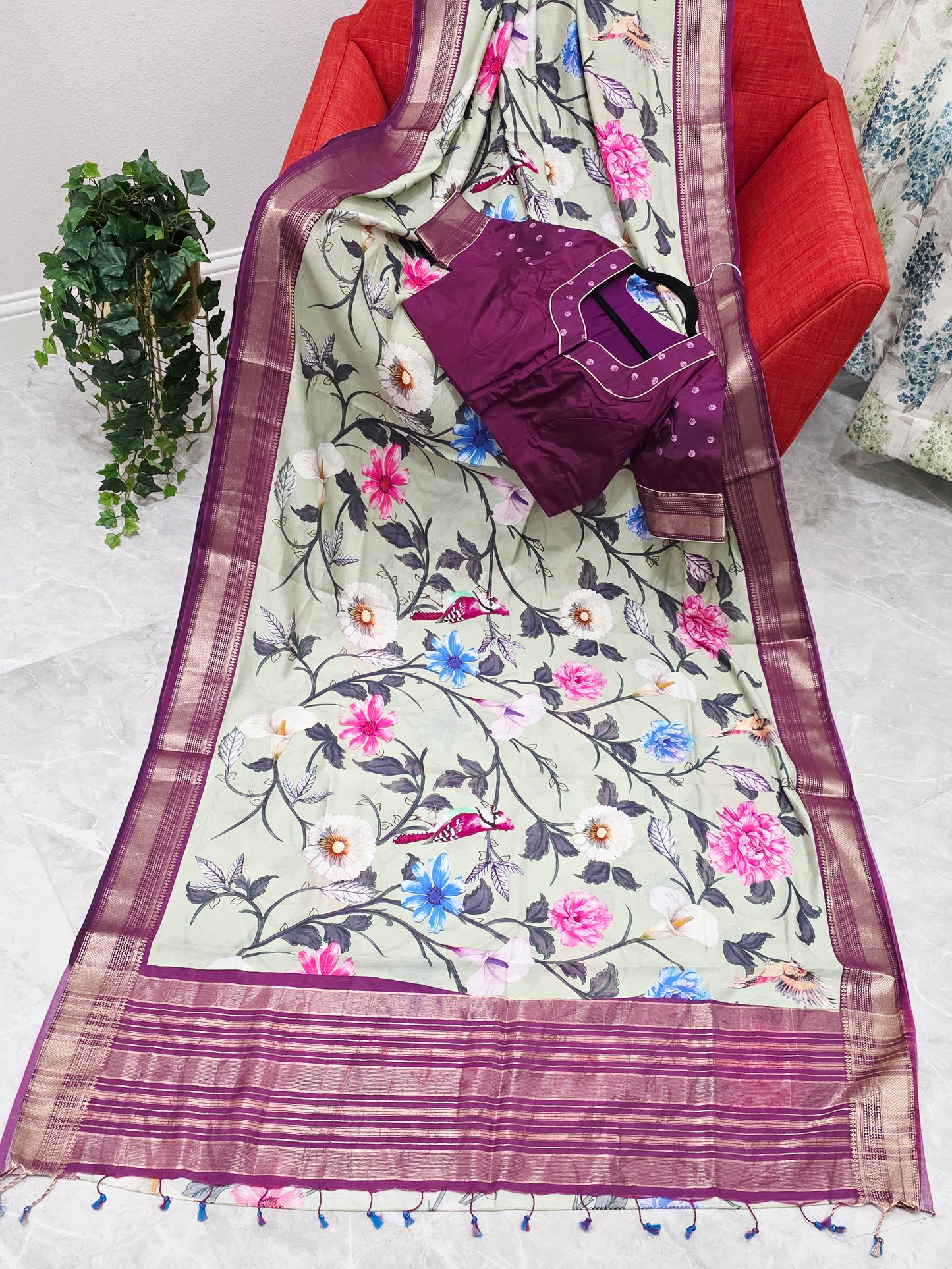 Floral Print Ruby Silk Saree with Contrast Border & Stitched Blouse