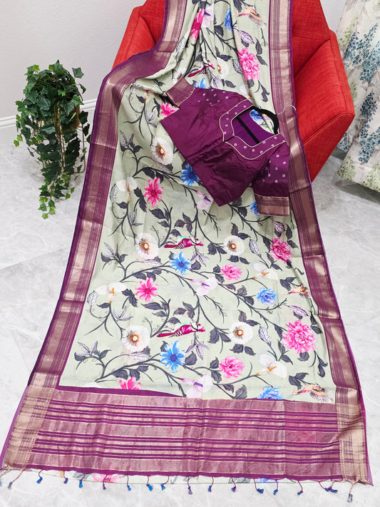 Floral Print Ruby Silk Saree with Contrast Border & Stitched Blouse