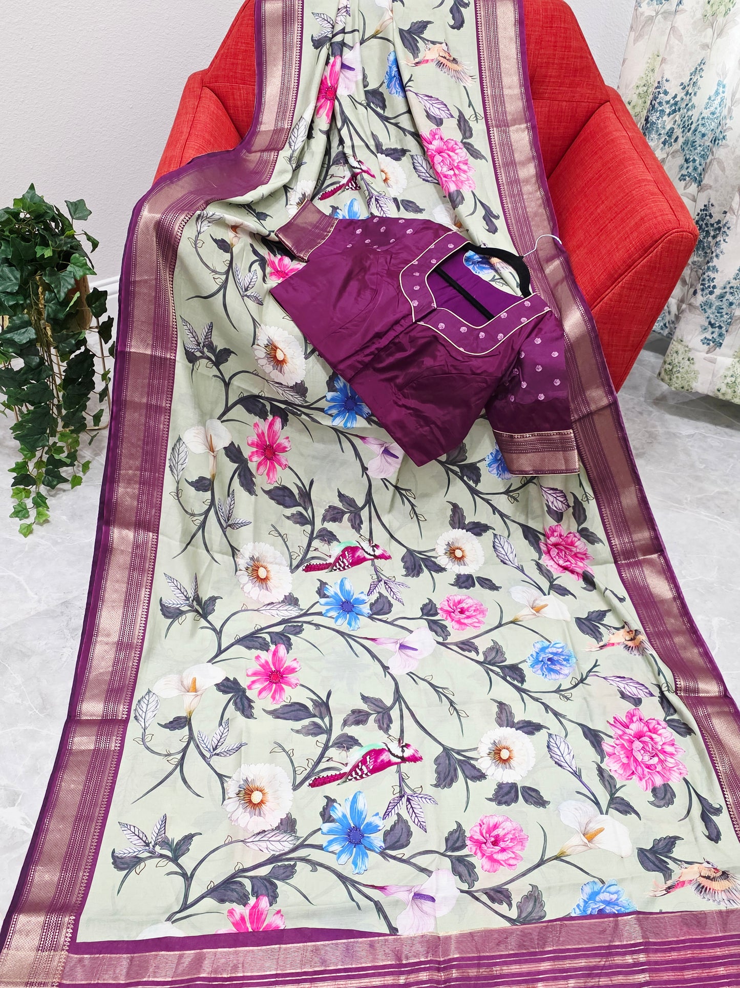 Floral Print Ruby Silk Saree with Contrast Border & Stitched Blouse