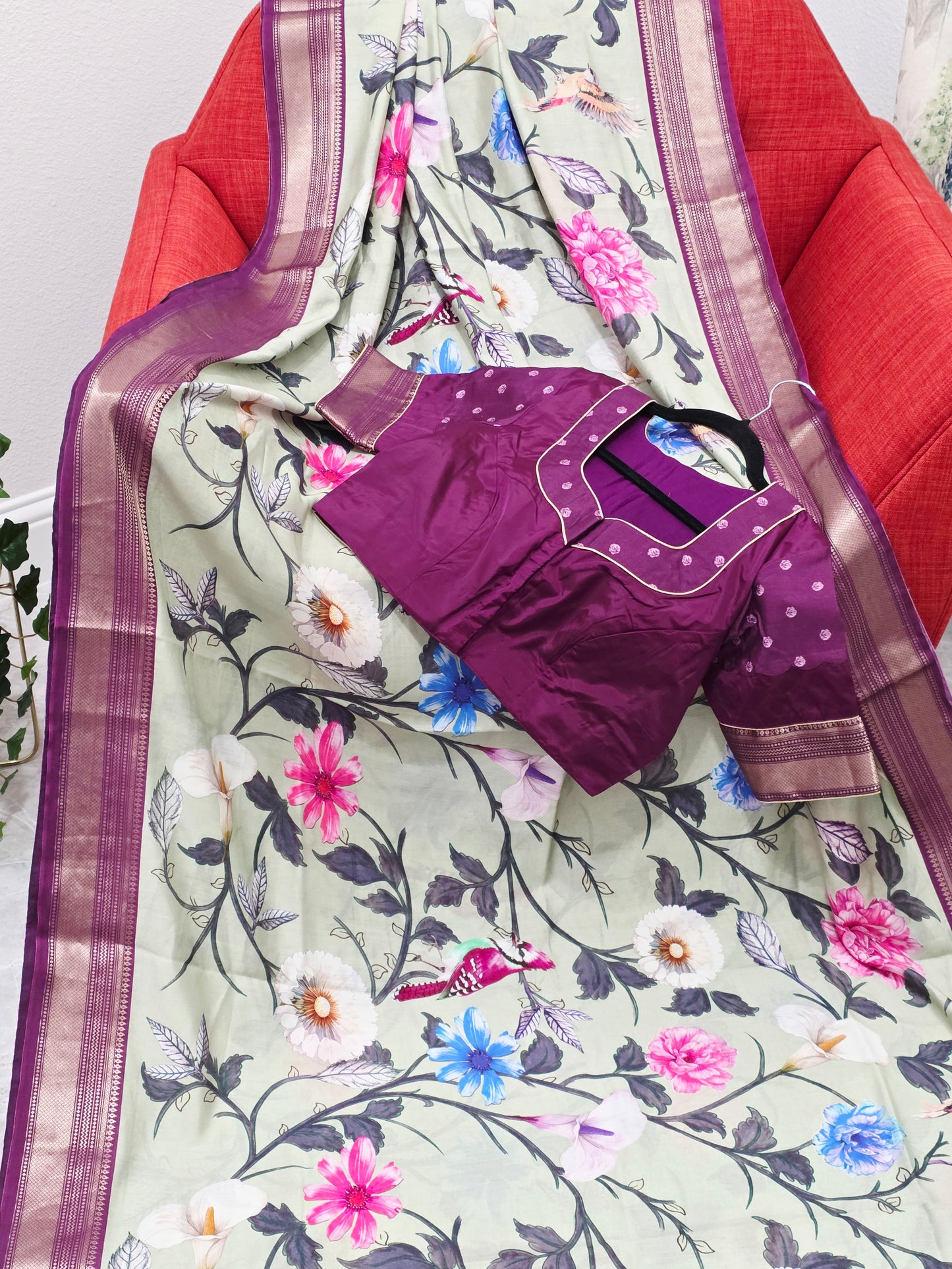 Floral Print Ruby Silk Saree with Contrast Border & Stitched Blouse