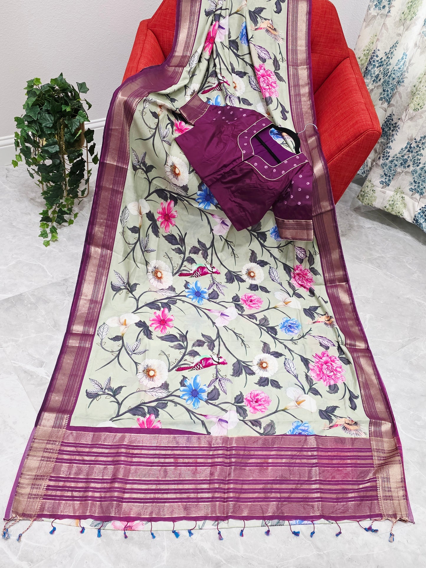 Floral Print Ruby Silk Saree with Contrast Border & Stitched Blouse