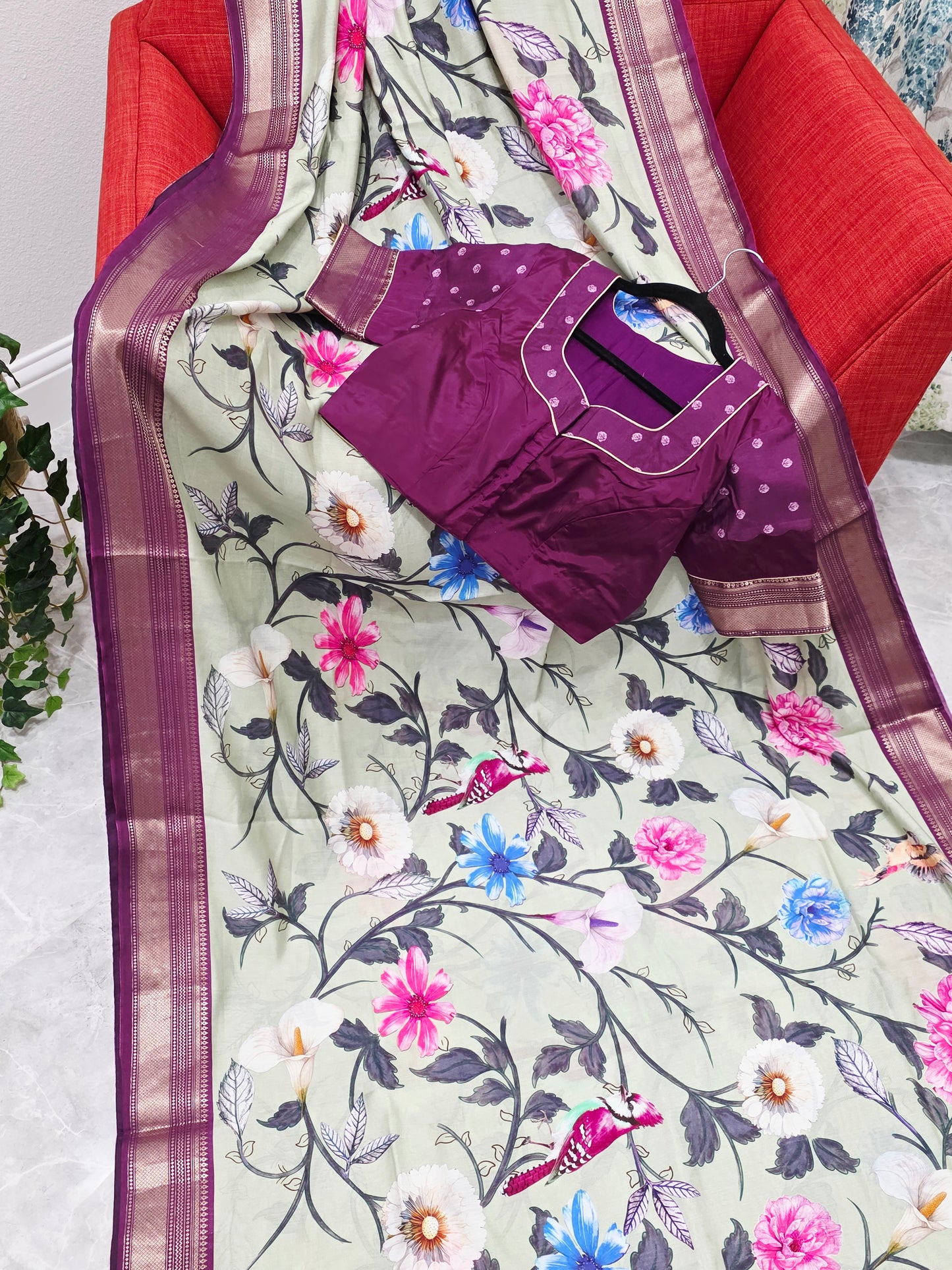 Floral Print Ruby Silk Saree with Contrast Border & Stitched Blouse