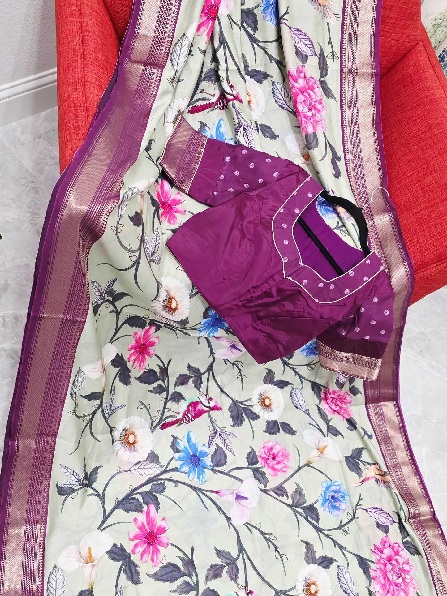 Floral Print Ruby Silk Saree with Contrast Border & Stitched Blouse