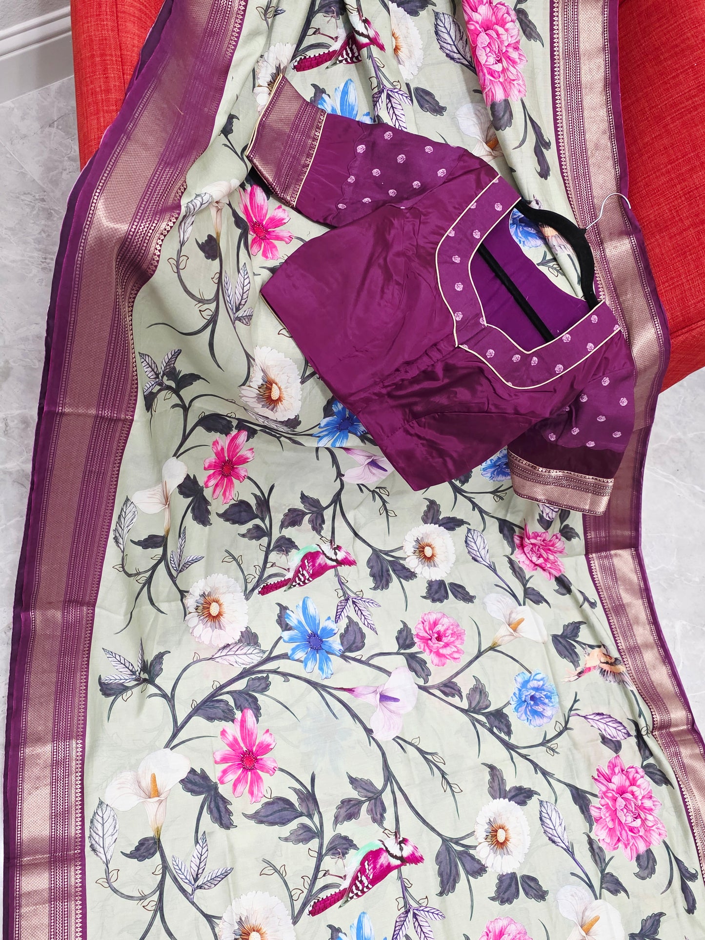 Floral Print Ruby Silk Saree with Contrast Border & Stitched Blouse