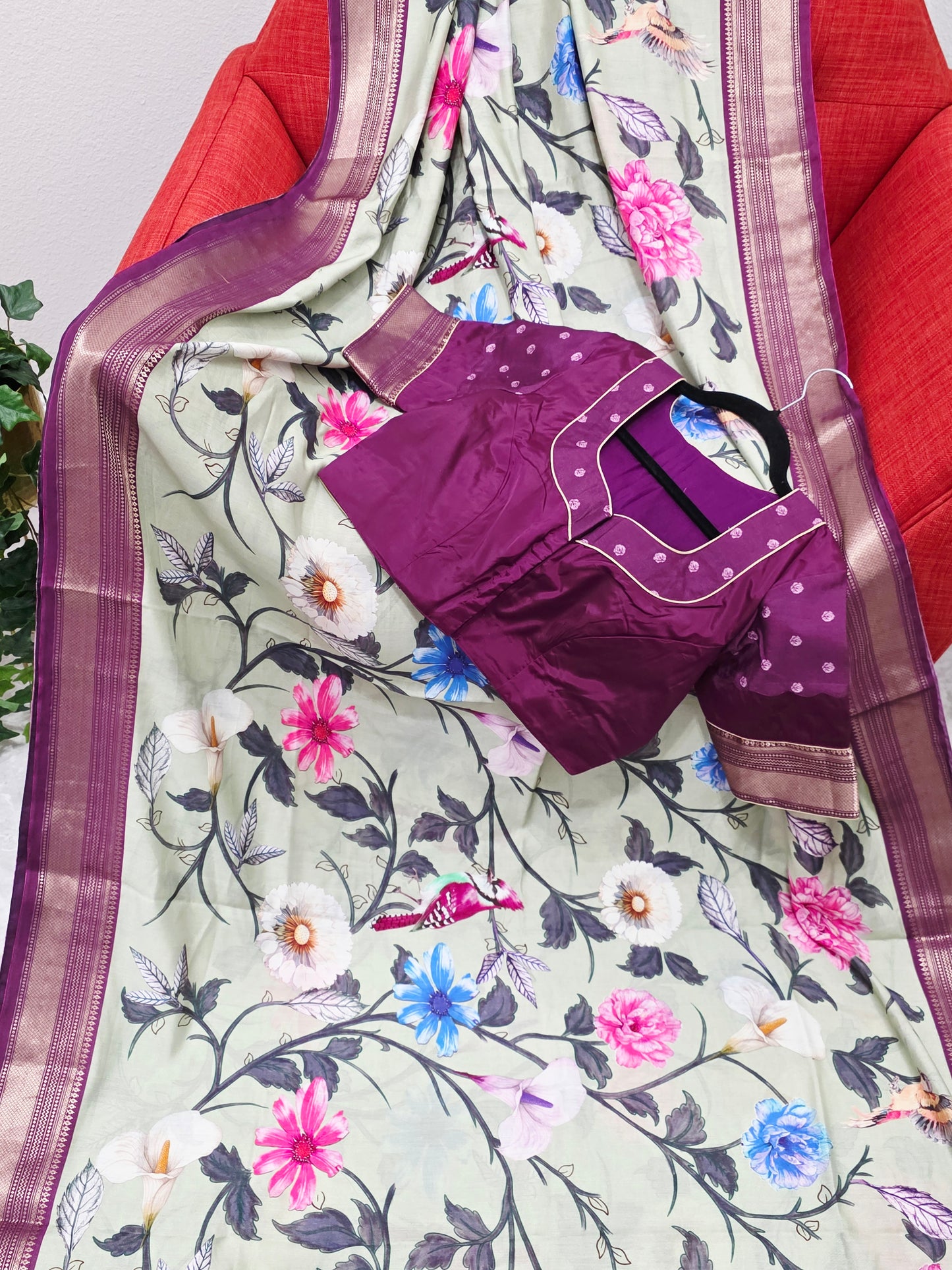 Floral Print Ruby Silk Saree with Contrast Border & Stitched Blouse