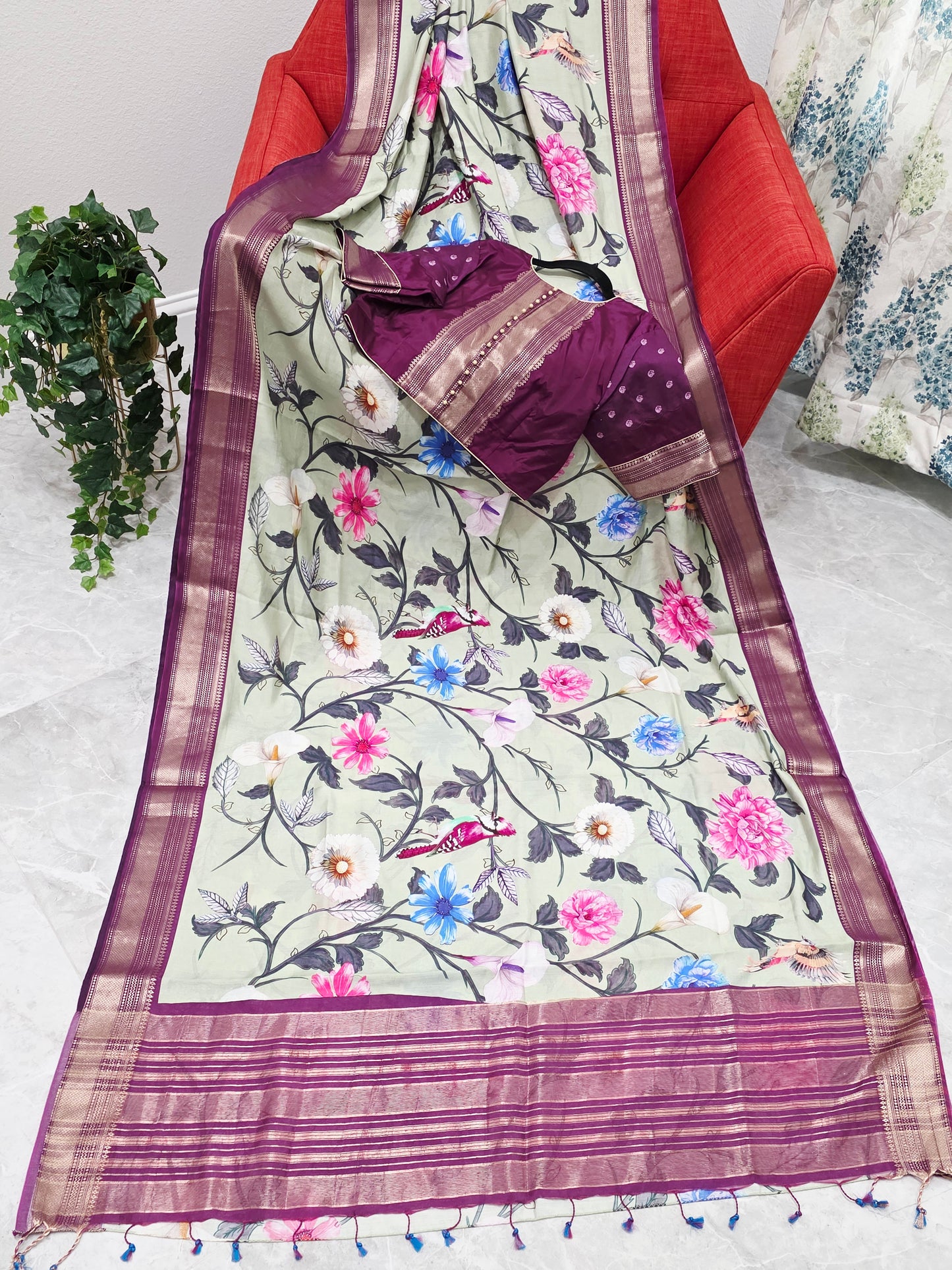 Floral Print Ruby Silk Saree with Contrast Border & Stitched Blouse