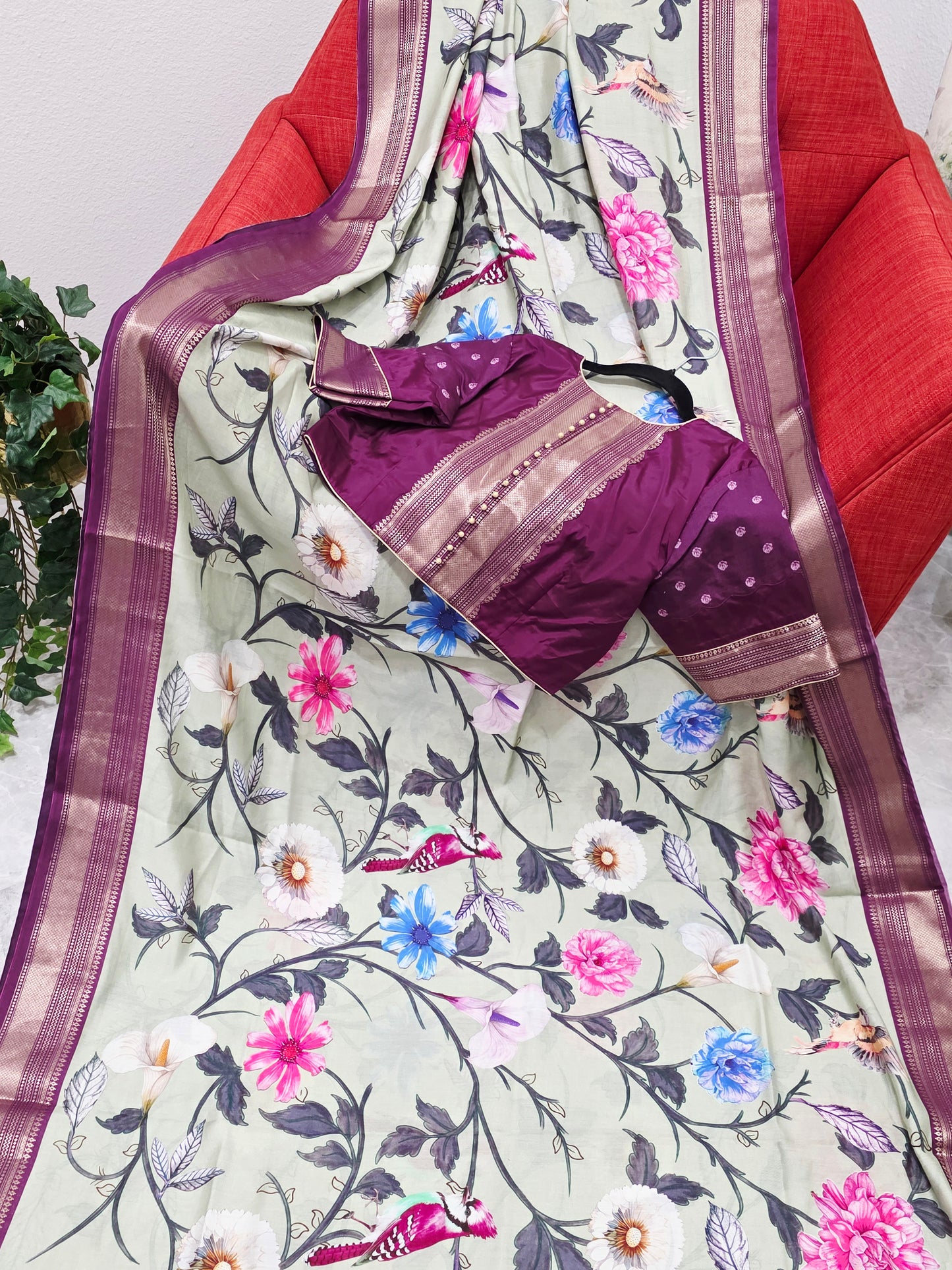 Floral Print Ruby Silk Saree with Contrast Border & Stitched Blouse