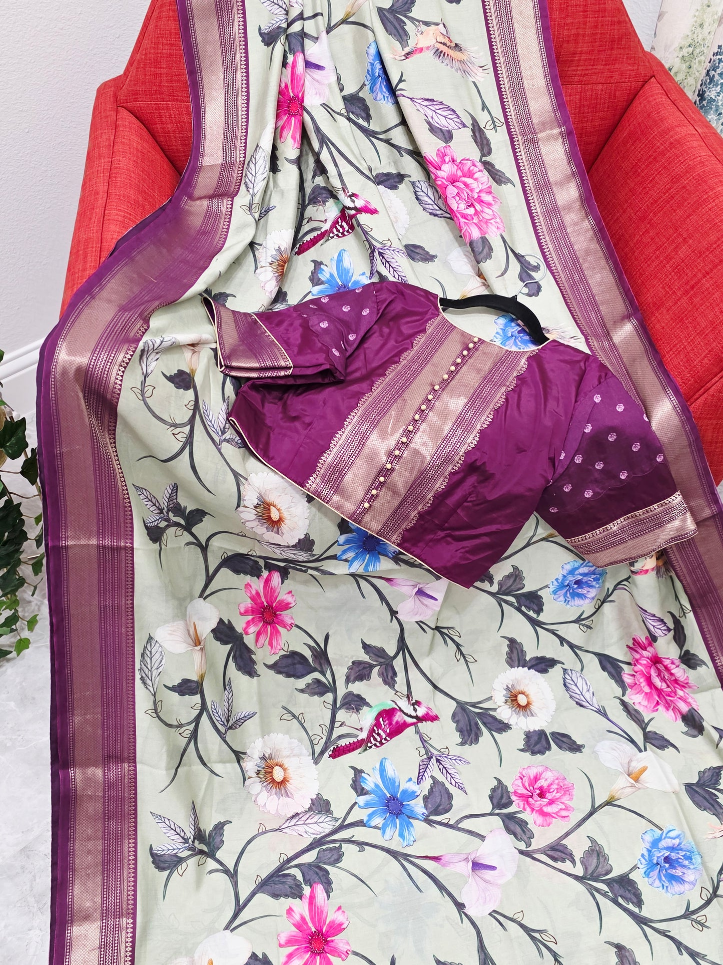 Floral Print Ruby Silk Saree with Contrast Border & Stitched Blouse
