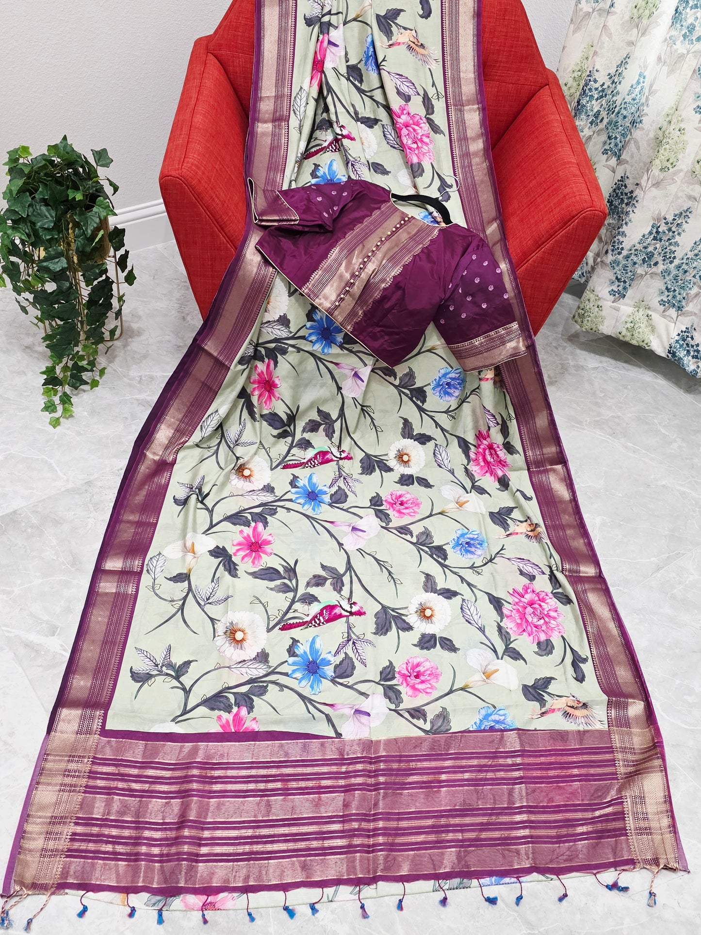 Floral Print Ruby Silk Saree with Contrast Border & Stitched Blouse
