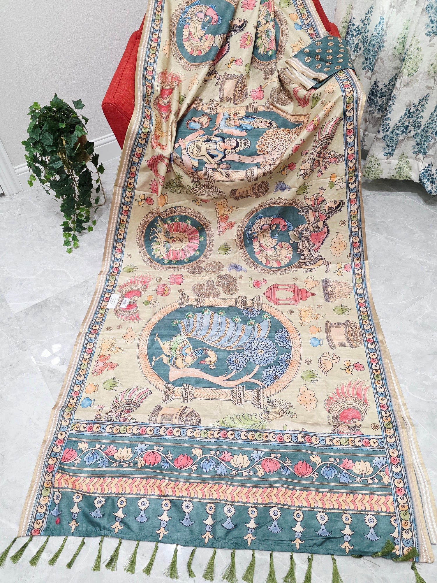 Kalamkari Print Outline Embroidery Lightweight Semi Tussar Silk Saree