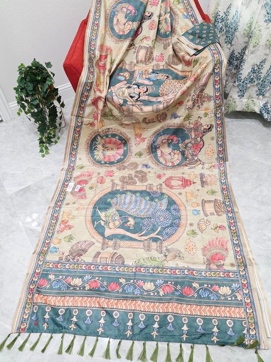 Kalamkari Print Outline Embroidery Lightweight Semi Tussar Silk Saree