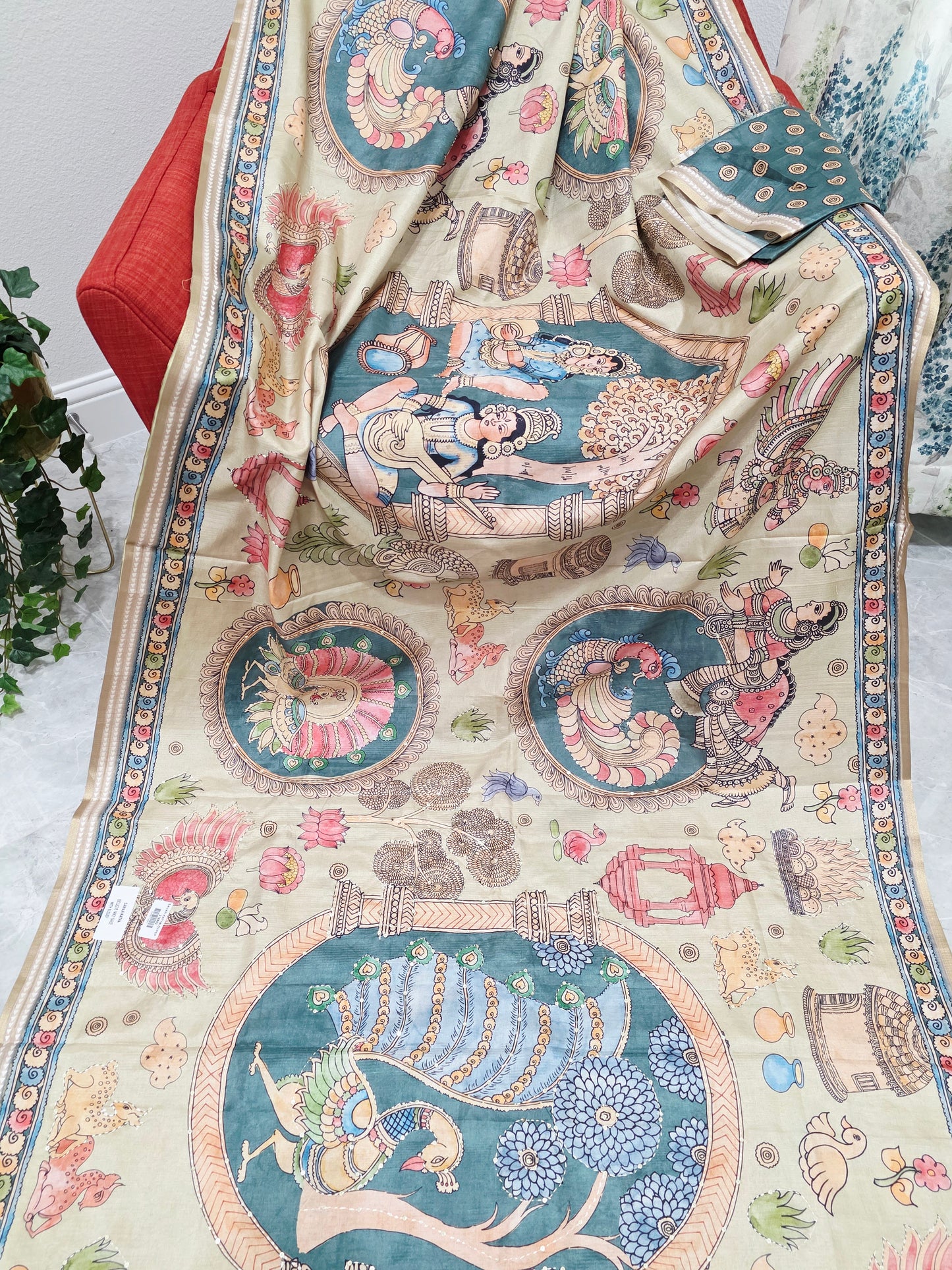 Kalamkari Print Outline Embroidery Lightweight Semi Tussar Silk Saree