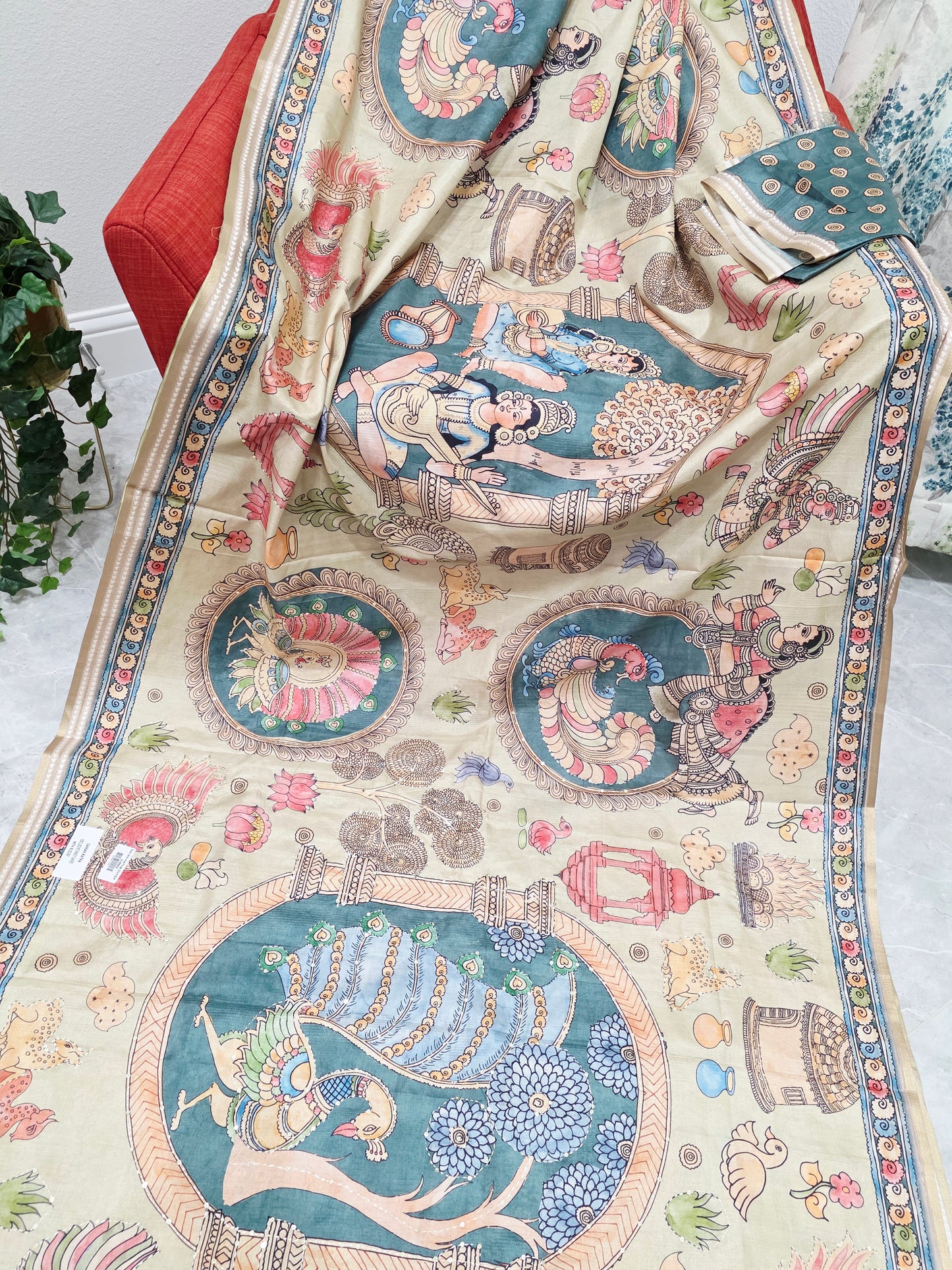 Kalamkari Print Outline Embroidery Lightweight Semi Tussar Silk Saree