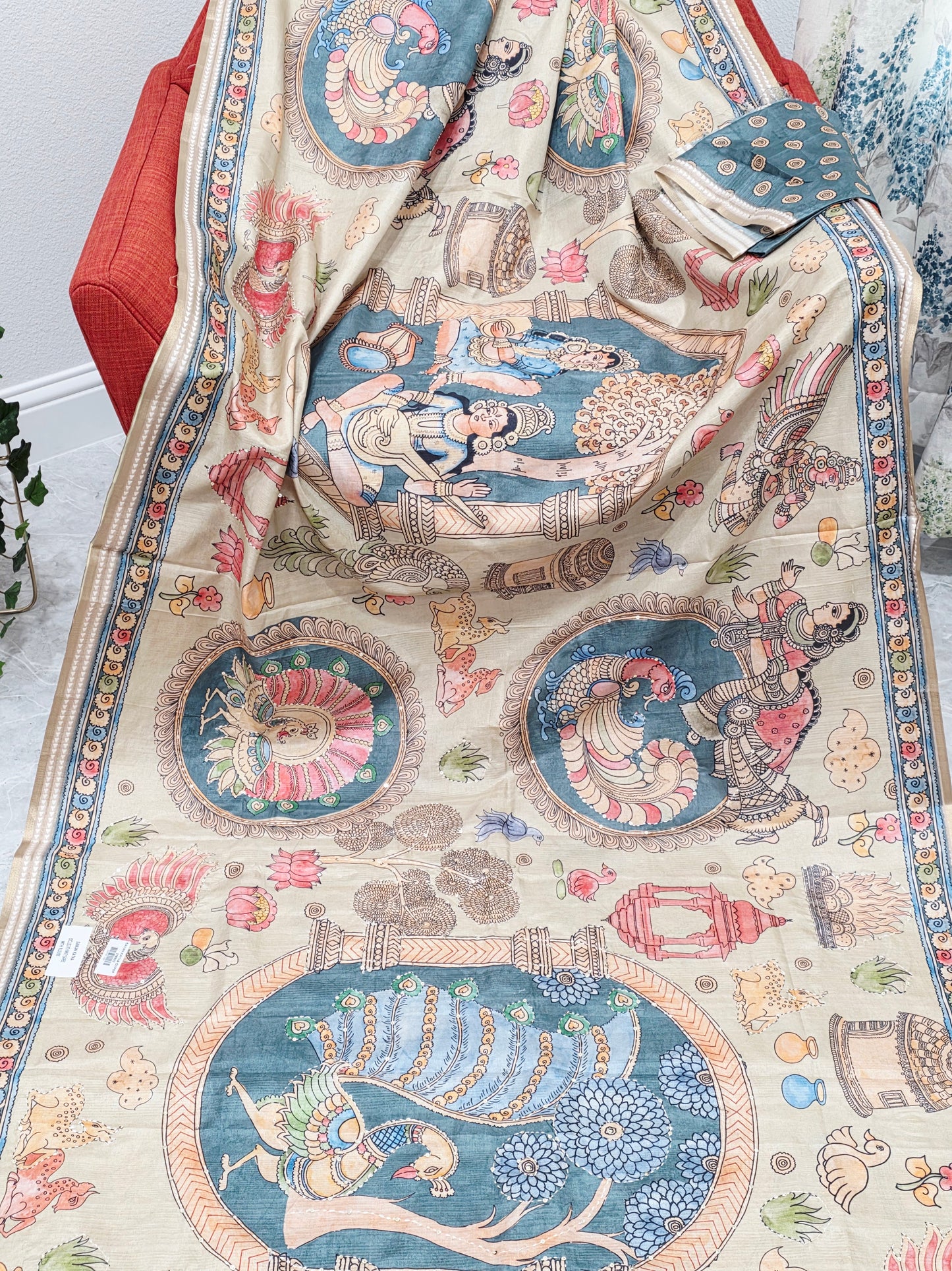 Kalamkari Print Outline Embroidery Lightweight Semi Tussar Silk Saree