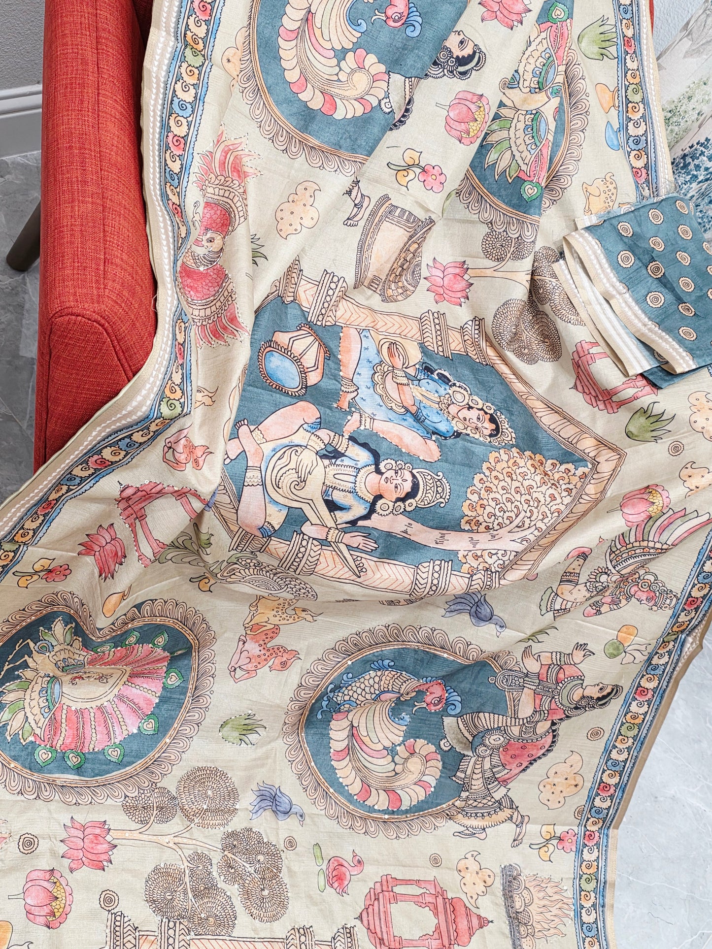 Kalamkari Print Outline Embroidery Lightweight Semi Tussar Silk Saree