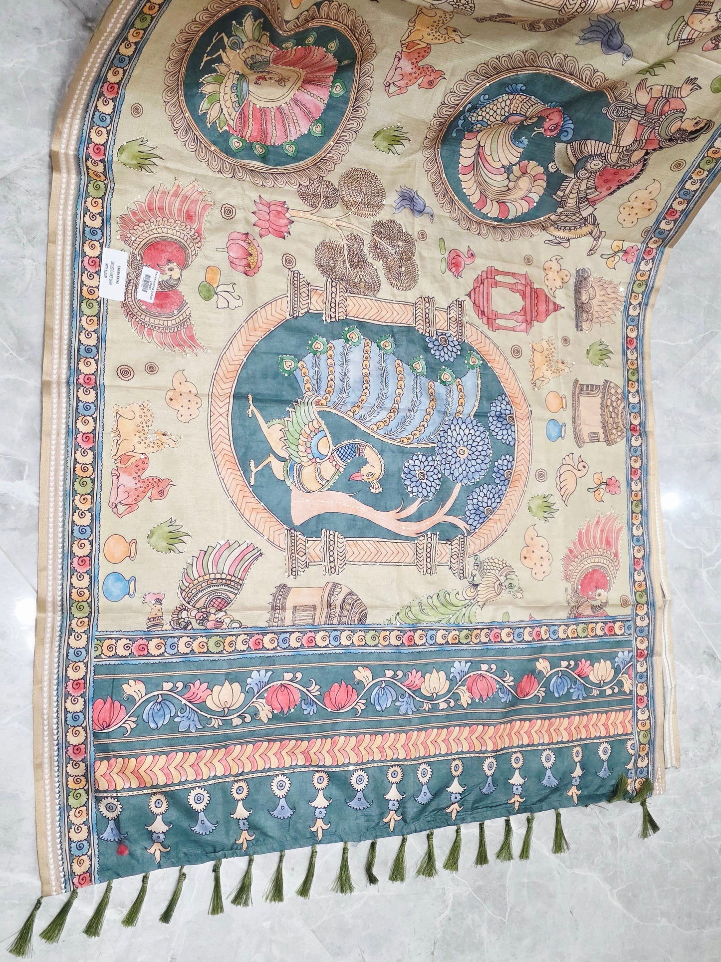 Kalamkari Print Outline Embroidery Lightweight Semi Tussar Silk Saree