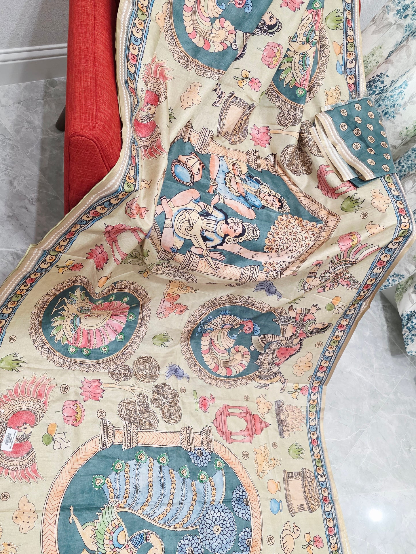 Kalamkari Print Outline Embroidery Lightweight Semi Tussar Silk Saree