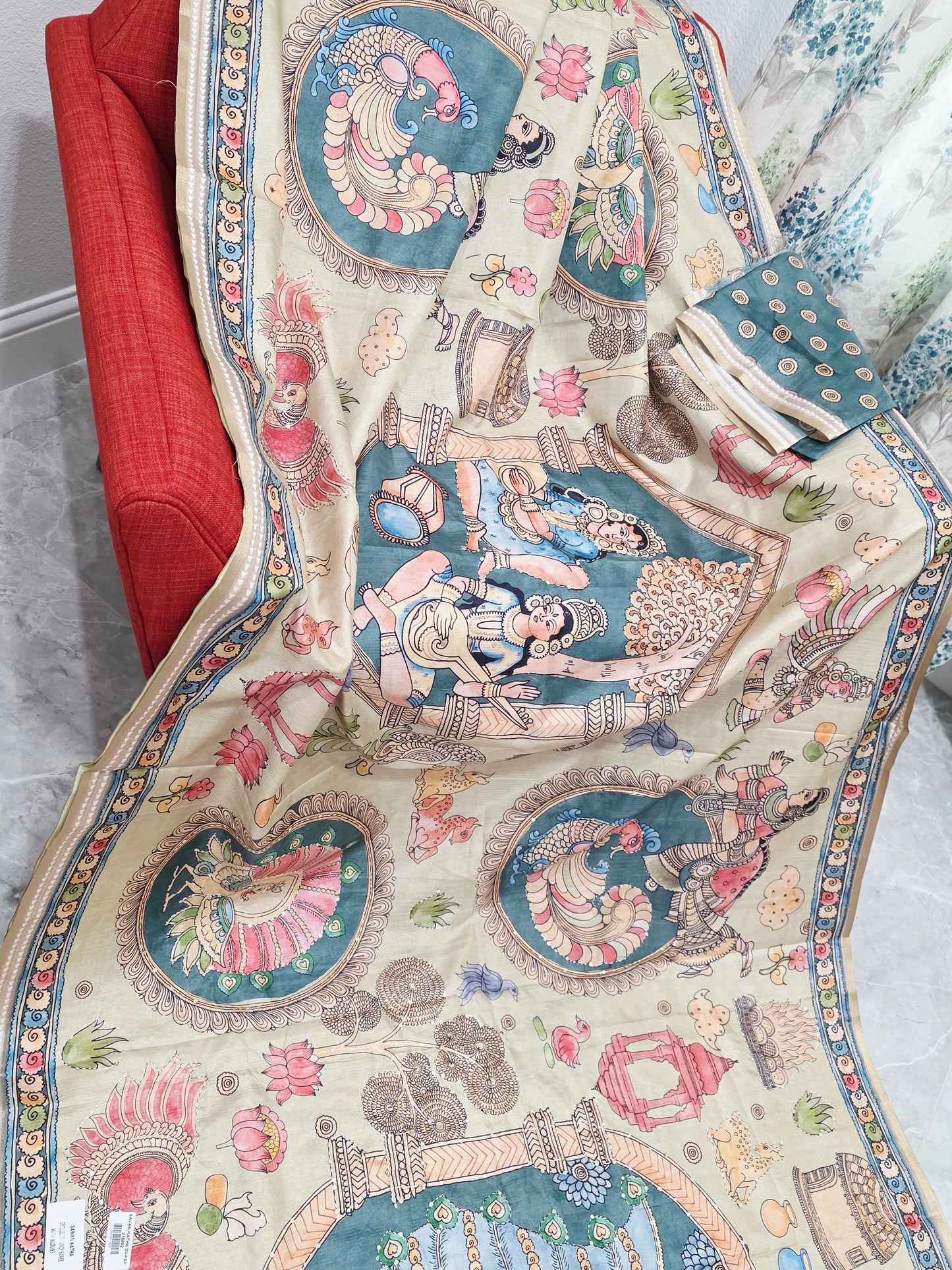 Kalamkari Print Outline Embroidery Lightweight Semi Tussar Silk Saree