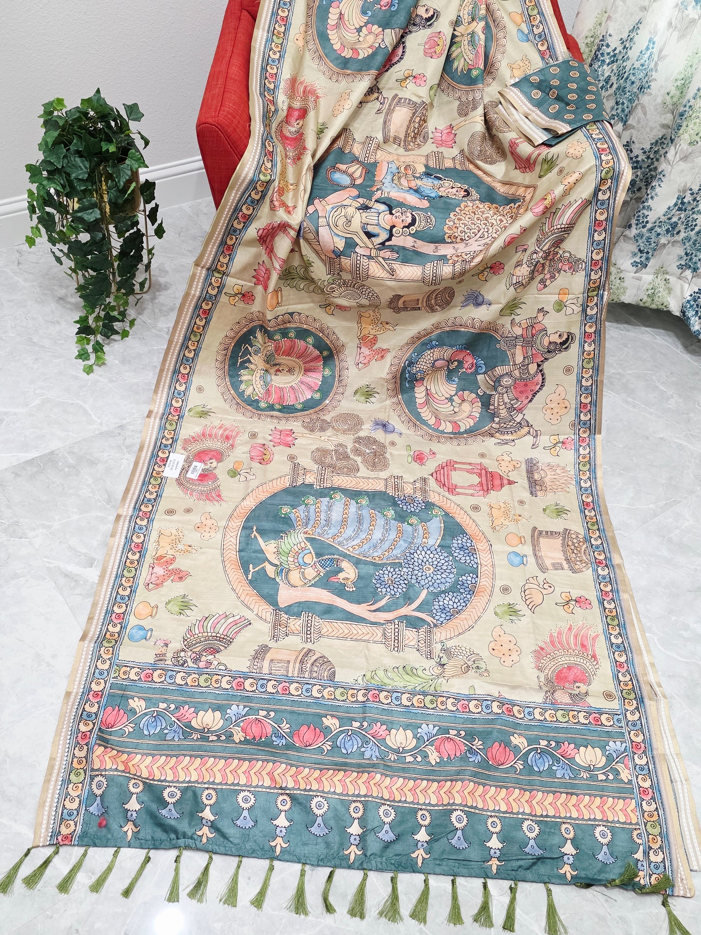 Kalamkari Print Outline Embroidery Lightweight Semi Tussar Silk Saree