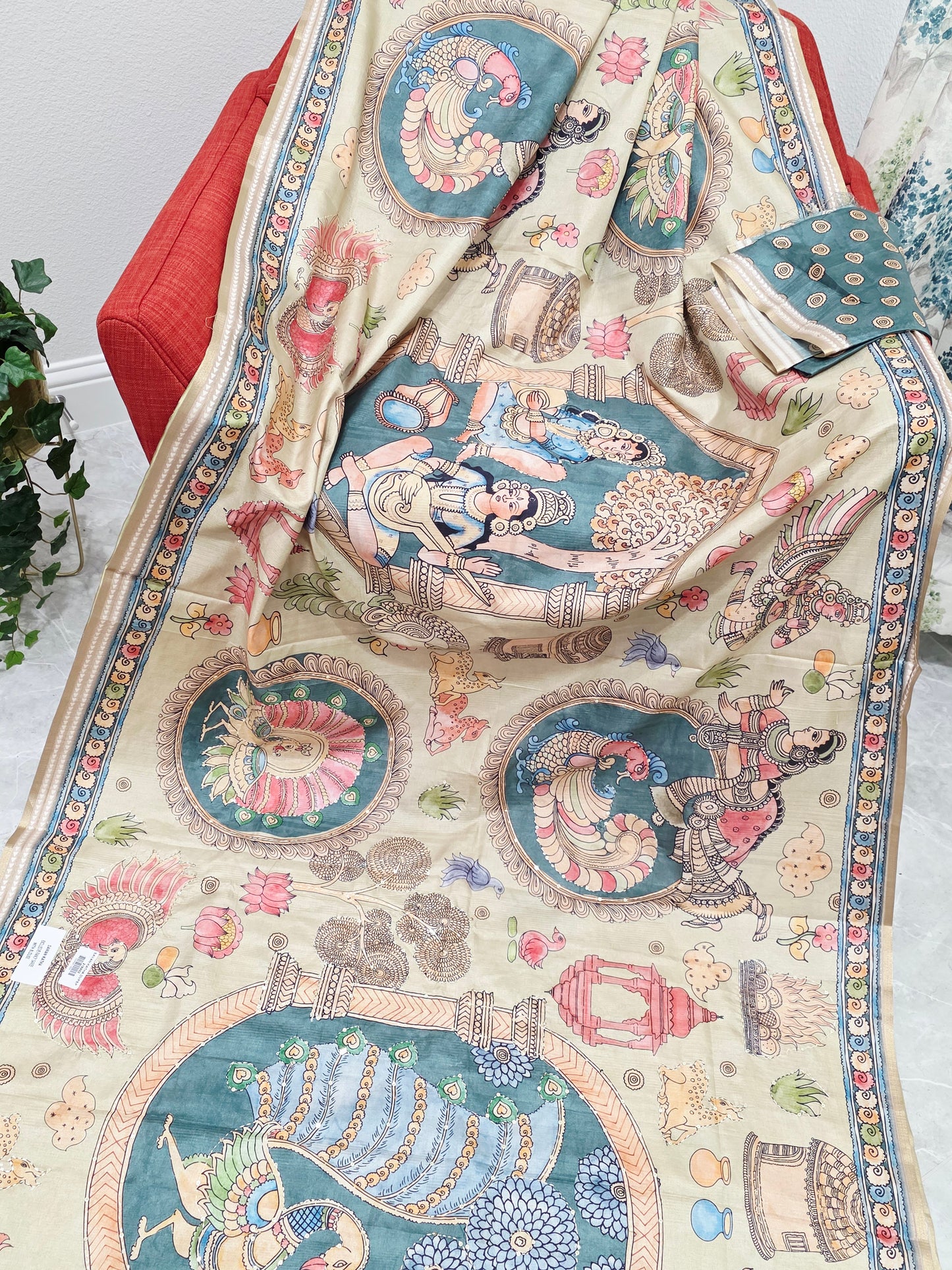 Kalamkari Print Outline Embroidery Lightweight Semi Tussar Silk Saree