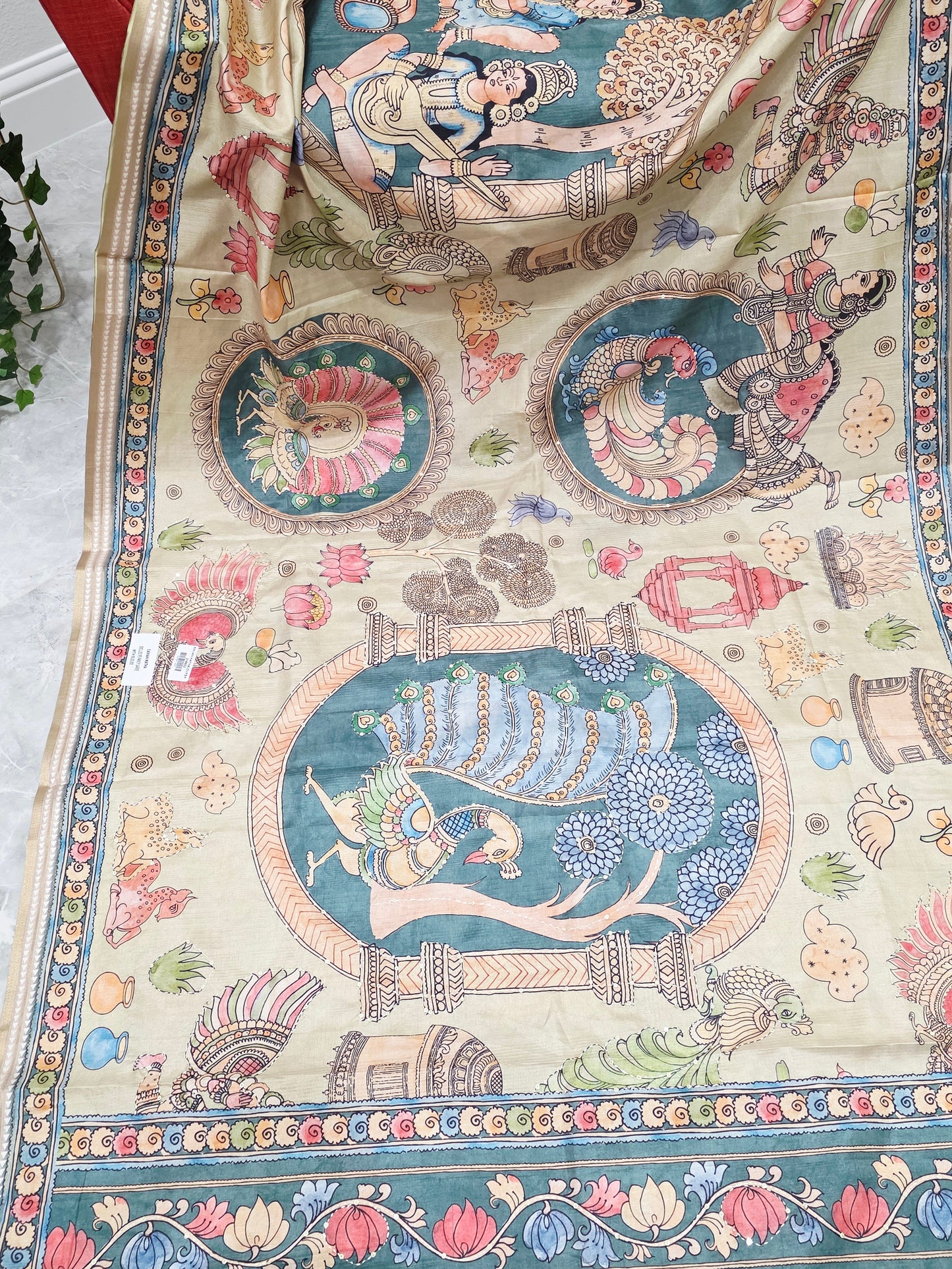 Kalamkari Print Outline Embroidery Lightweight Semi Tussar Silk Saree