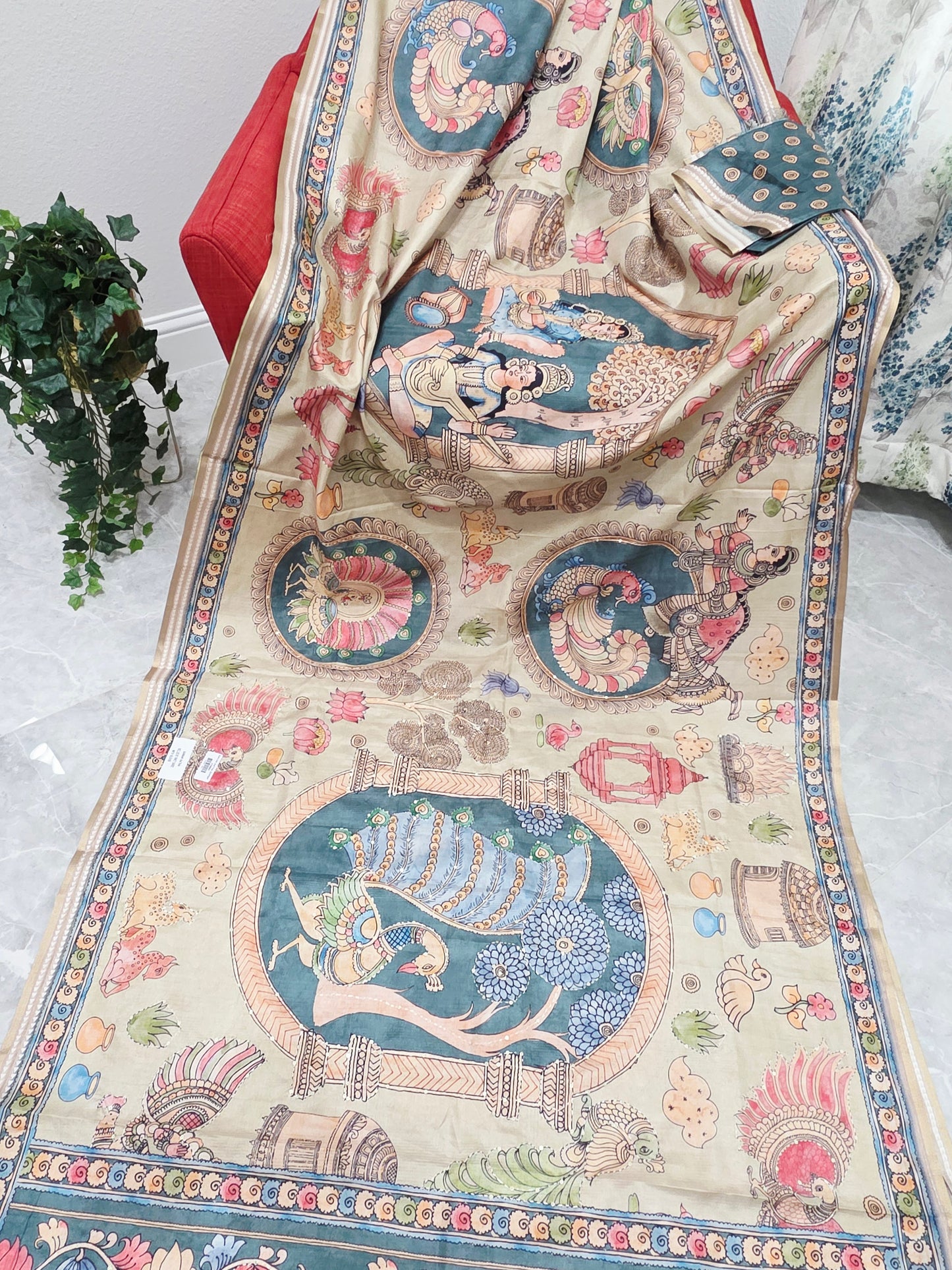 Kalamkari Print Outline Embroidery Lightweight Semi Tussar Silk Saree