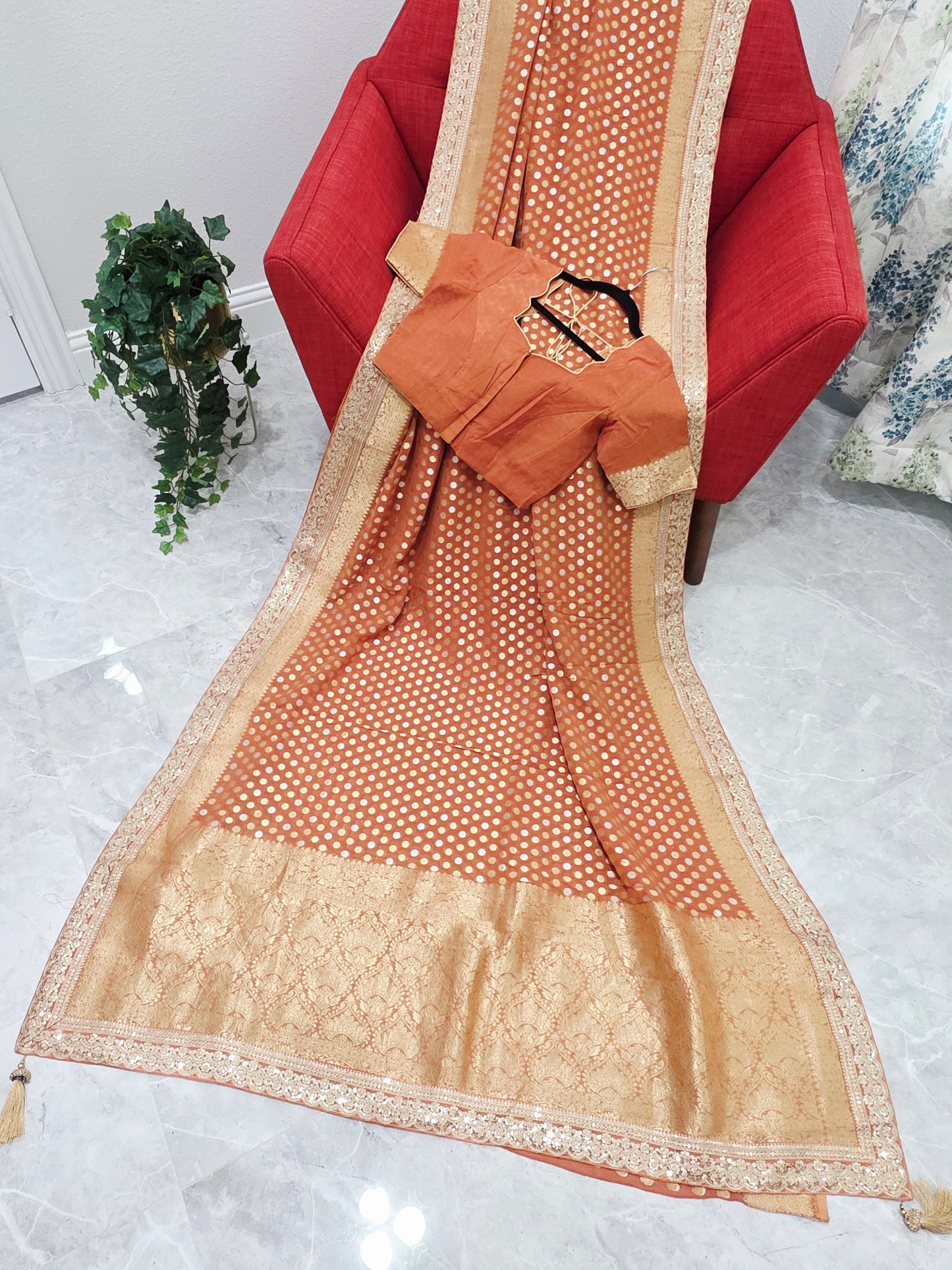 Rust Peach Viscose Georgette Polka Butta Saree with Lace Border & Stitched Blouse